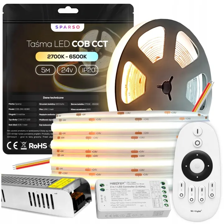 Sparso zestaw taśma LED COB 5m 24V 6500K 1 Taśma LED COB CCT SPARSO 5 metrów