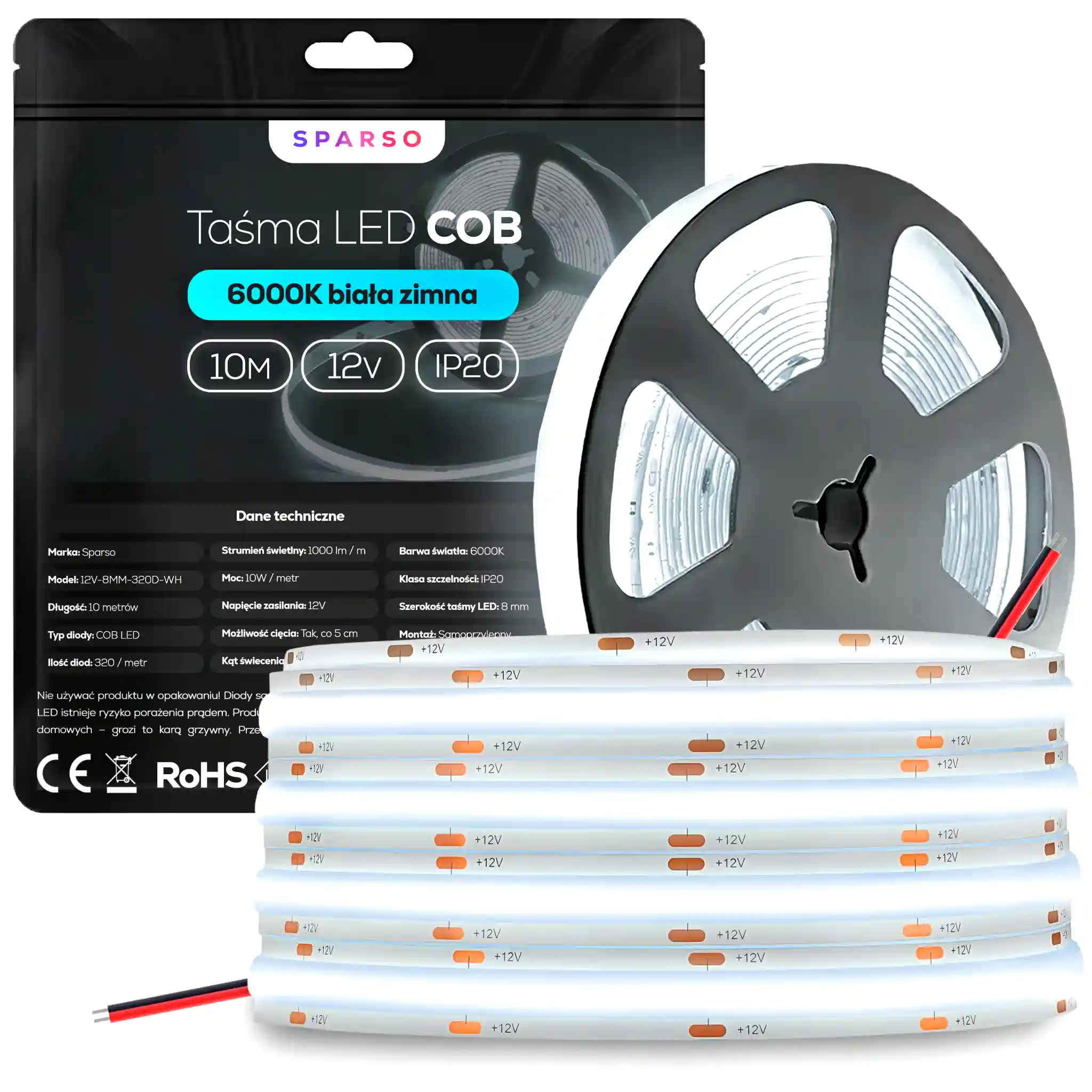 Sparso taśma LED COB 10m 12V 6000K zimna biała 320 LED/m – Taśma LED COB Sparso
