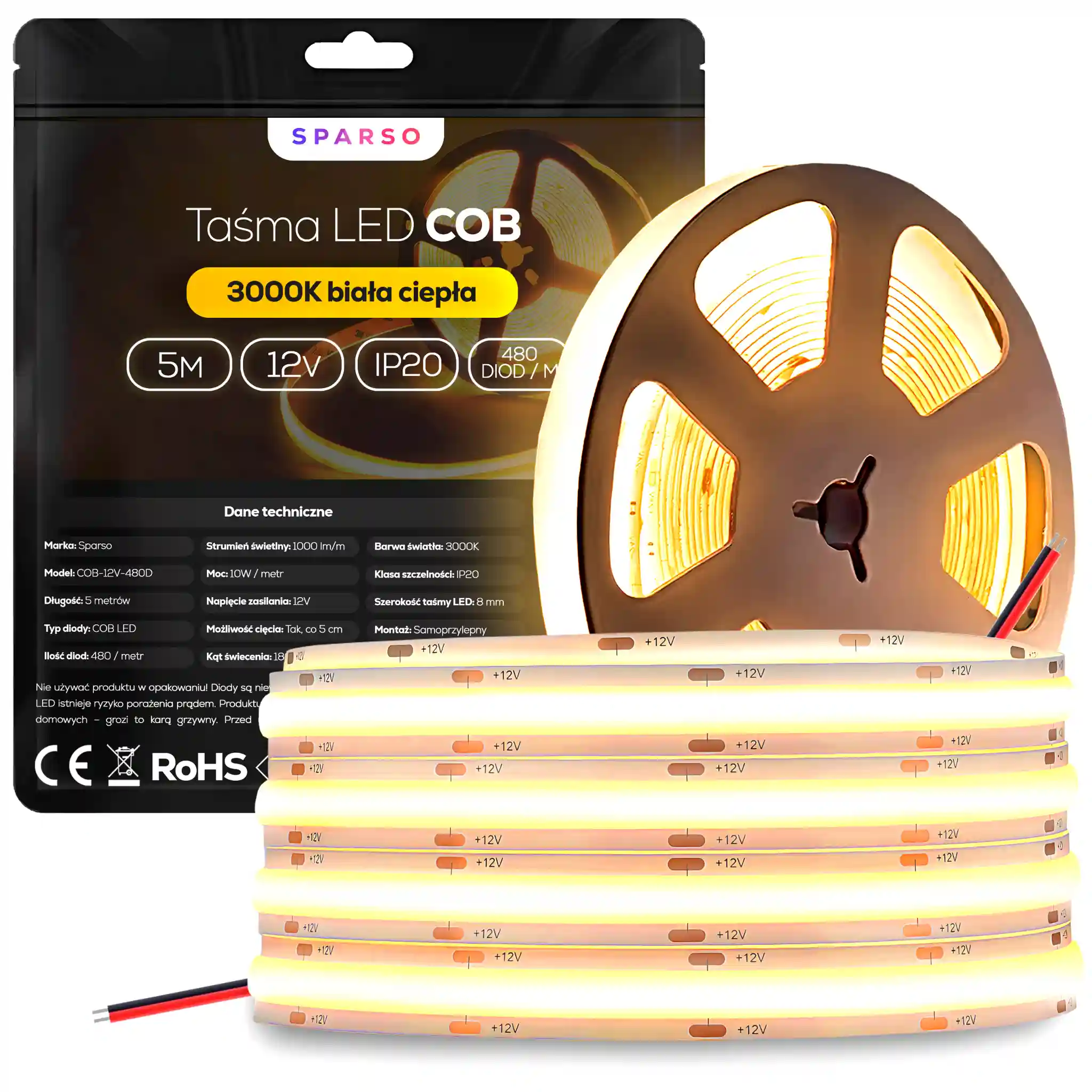 Sparso taśma LED COB 10m 12V 3000K ciepła biała 480 LED/m – Taśma LED COB Sparso