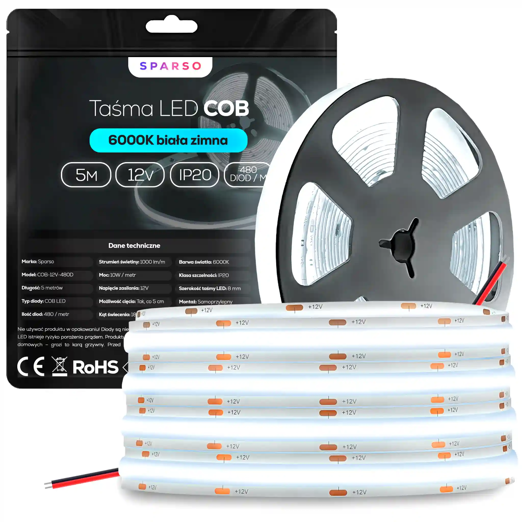 Sparso taśma LED COB 5m 12V 6000K zimna biała 480 LED/m – Taśma LED COB Sparso