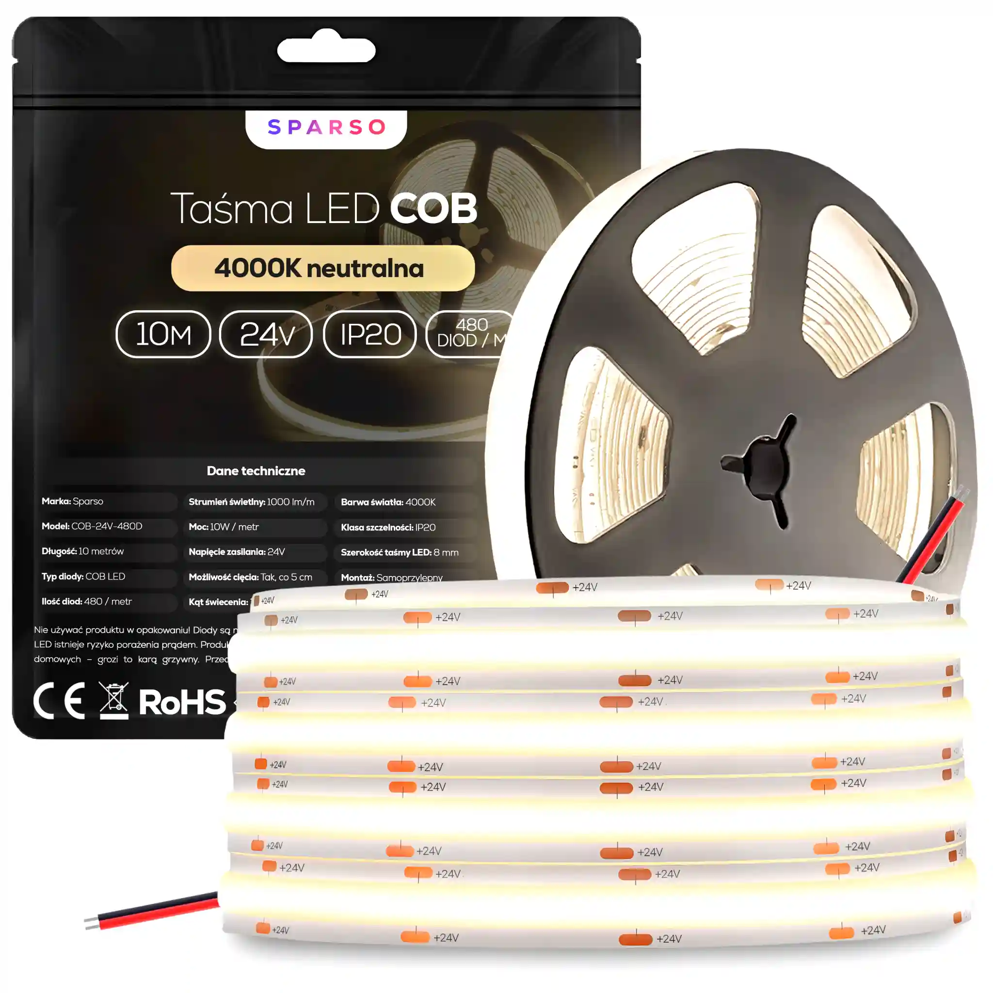 Sparso taśma LED COB 10m 24V 4000K neutralna biała 480 LED/m – Taśma LED COB Sparso
