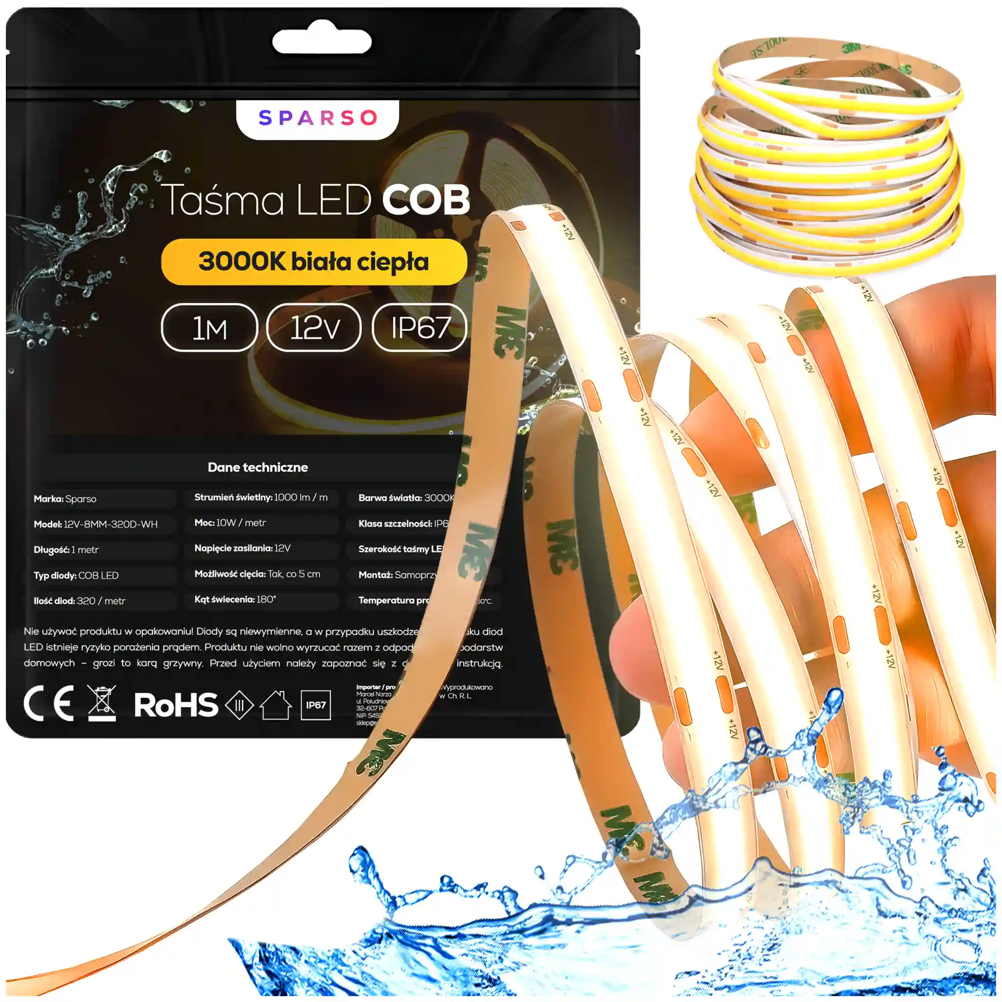 Sparso taśma LED COB 1m 12V 3000K ciepła biała Instrukcja doboru akcesoriów montażowych