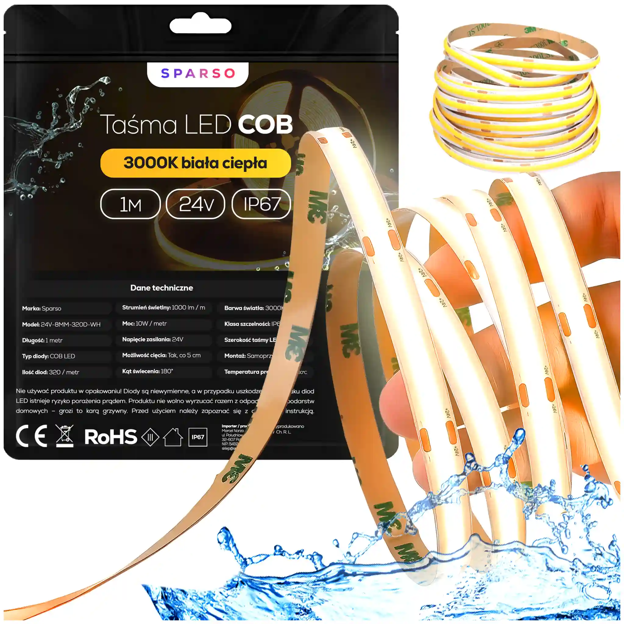 Sparso taśma LED COB 1m 12V 3000K ciepła biała Instrukcja doboru akcesoriów montażowych