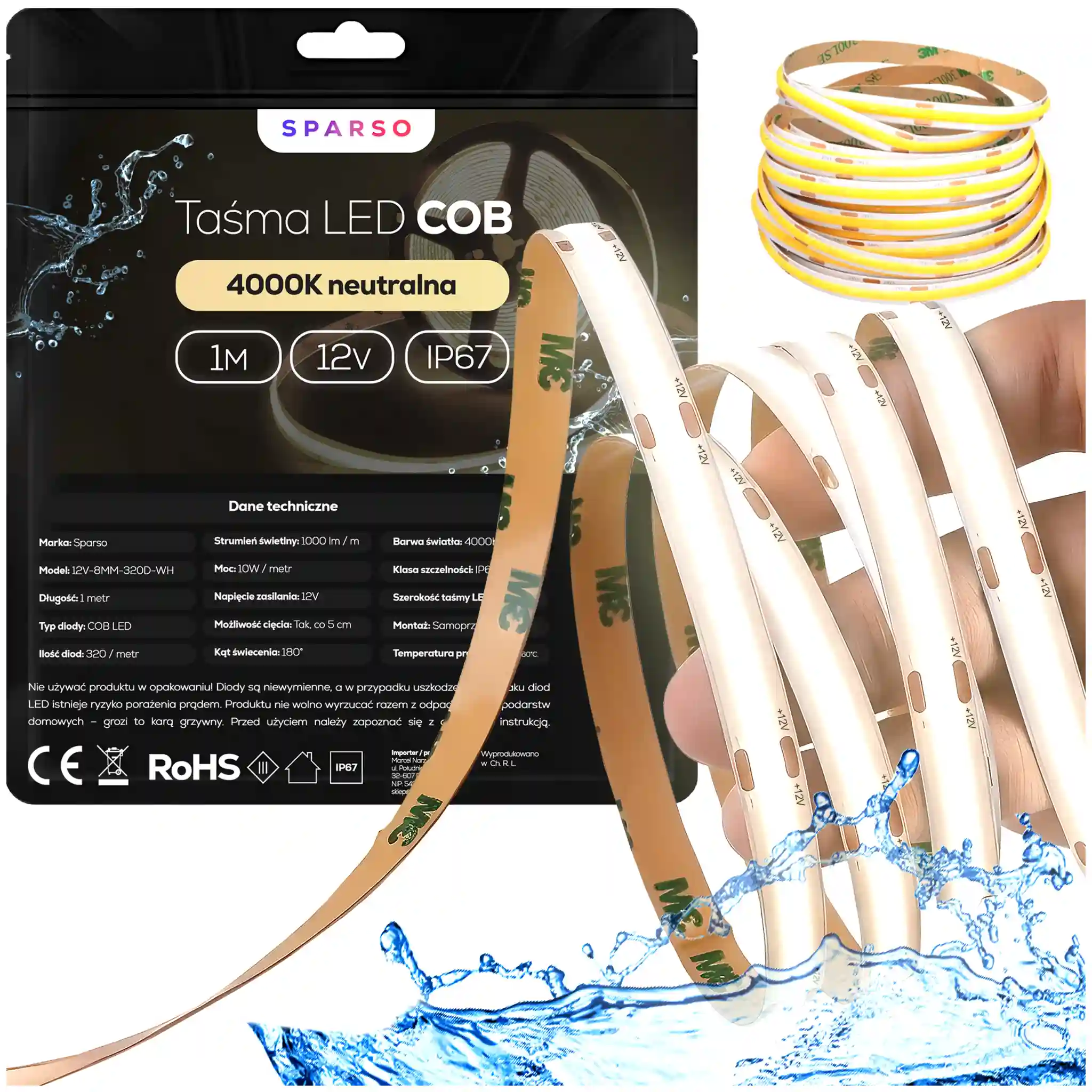 Sparso taśma LED COB 1m 12V 3000K ciepła biała Instrukcja doboru akcesoriów montażowych