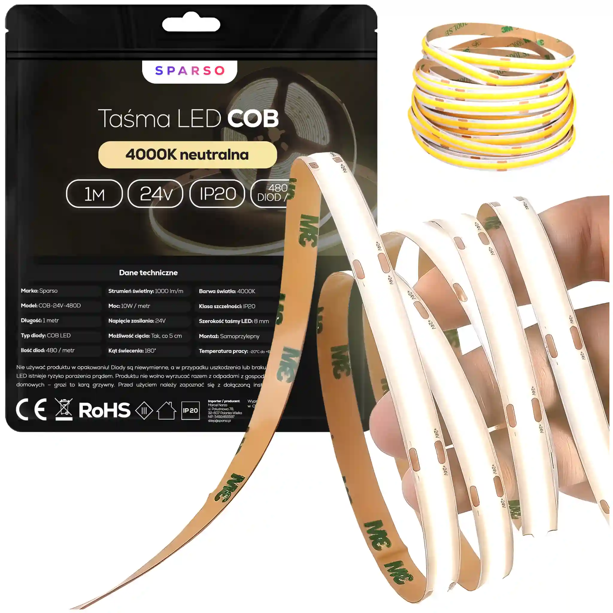 Sparso taśma LED COB 1m 24V 3000K ciepła biała Instrukcja doboru akcesoriów montażowych
