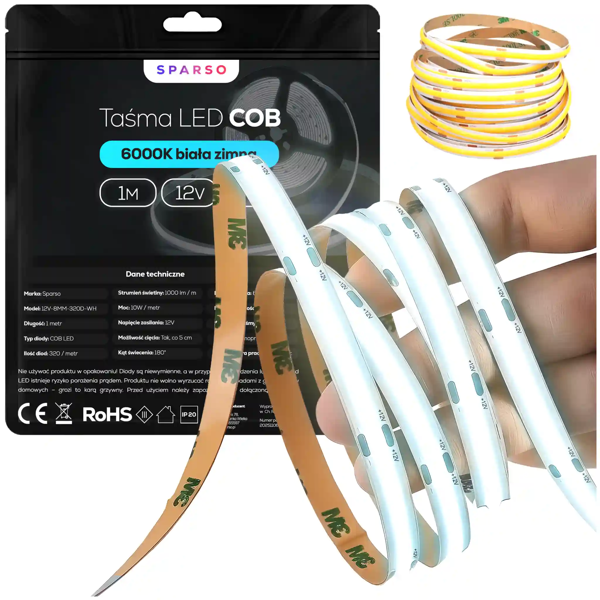 Sparso taśma LED COB 1m 12V 3000K ciepła biała Instrukcja doboru akcesoriów montażowych