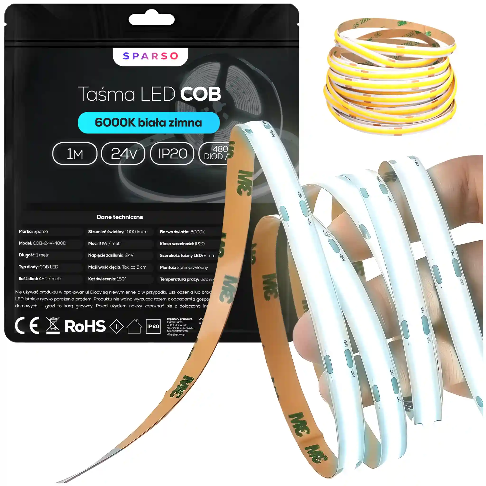 Sparso taśma LED COB 1m 24V 3000K ciepła biała Instrukcja doboru akcesoriów montażowych