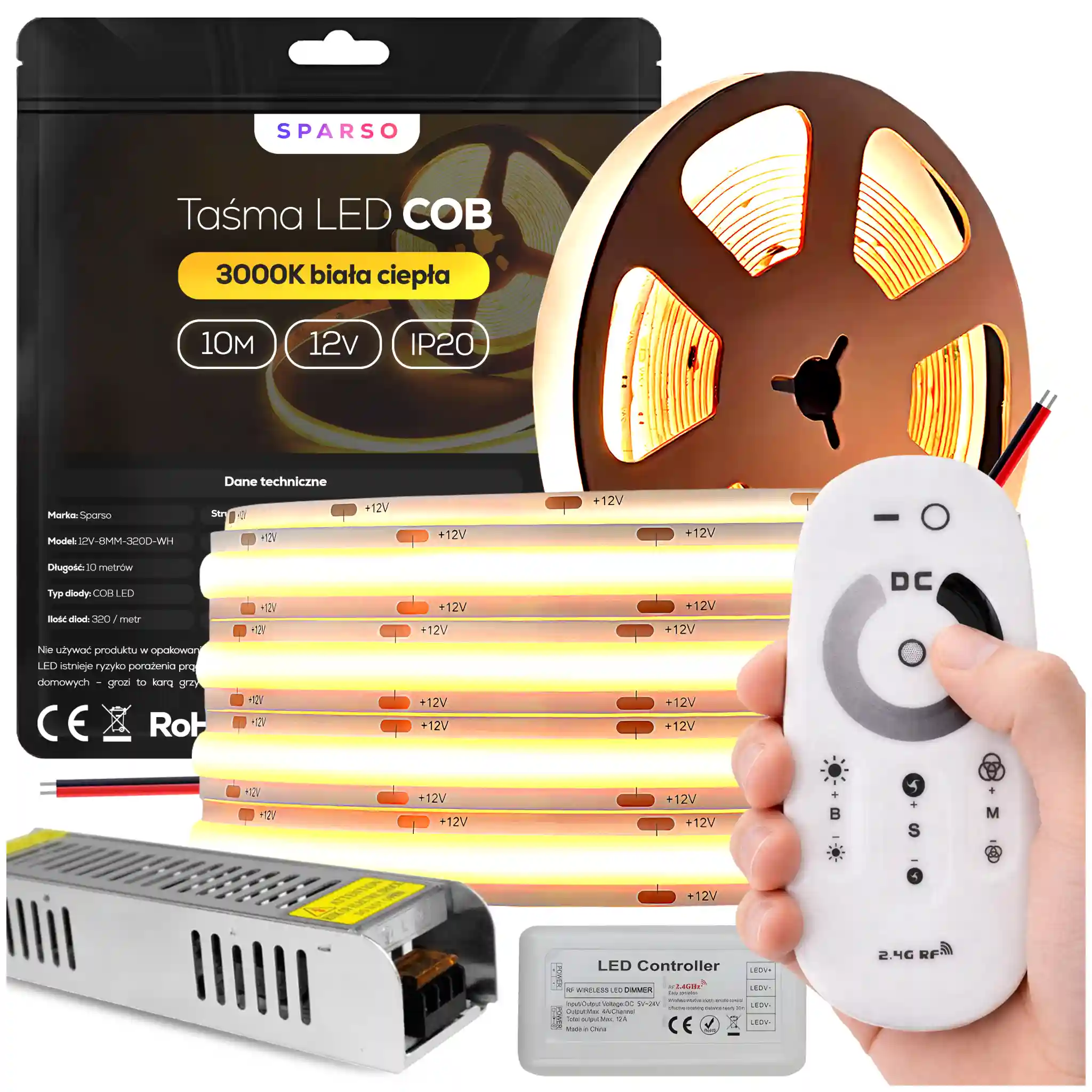 Sparso zestaw taśma LED COB 10m 12V 3000K ciepła biała LED Sparso do montażu