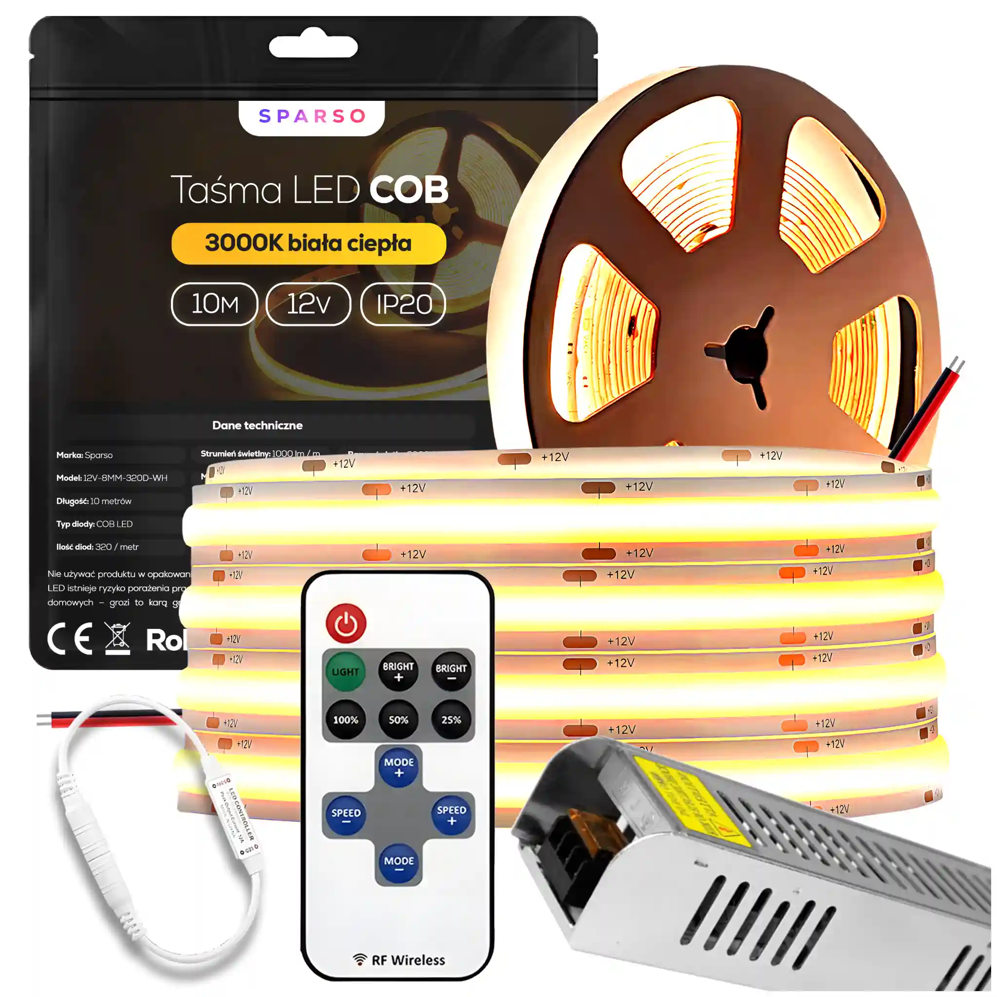 Sparso zestaw taśma LED COB 10m 12V 3000K ciepła biała LED Sparso do montażu