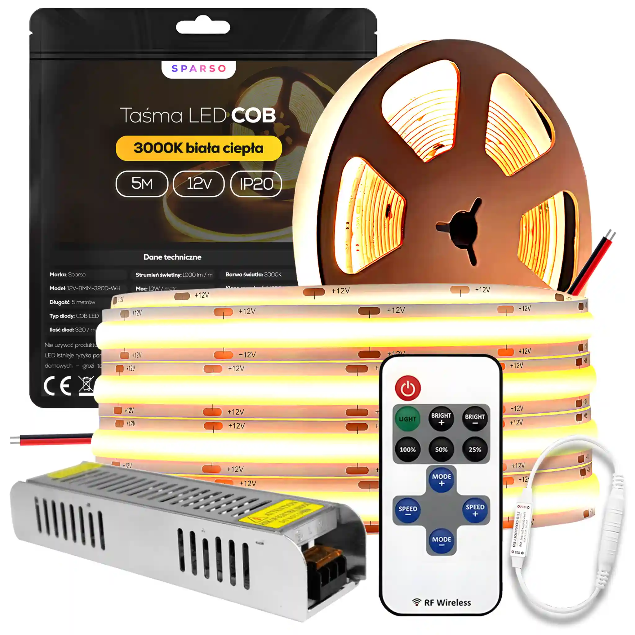 Sparso zestaw taśma LED COB 5m 12V 3000K ciepła biała LED Sparso do montażu
