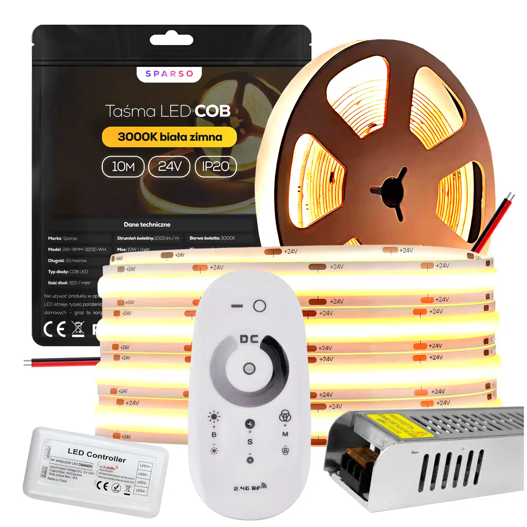 Sparso zestaw taśma LED COB 10m 24V 3000K ciepła biała LED Sparso do montażu