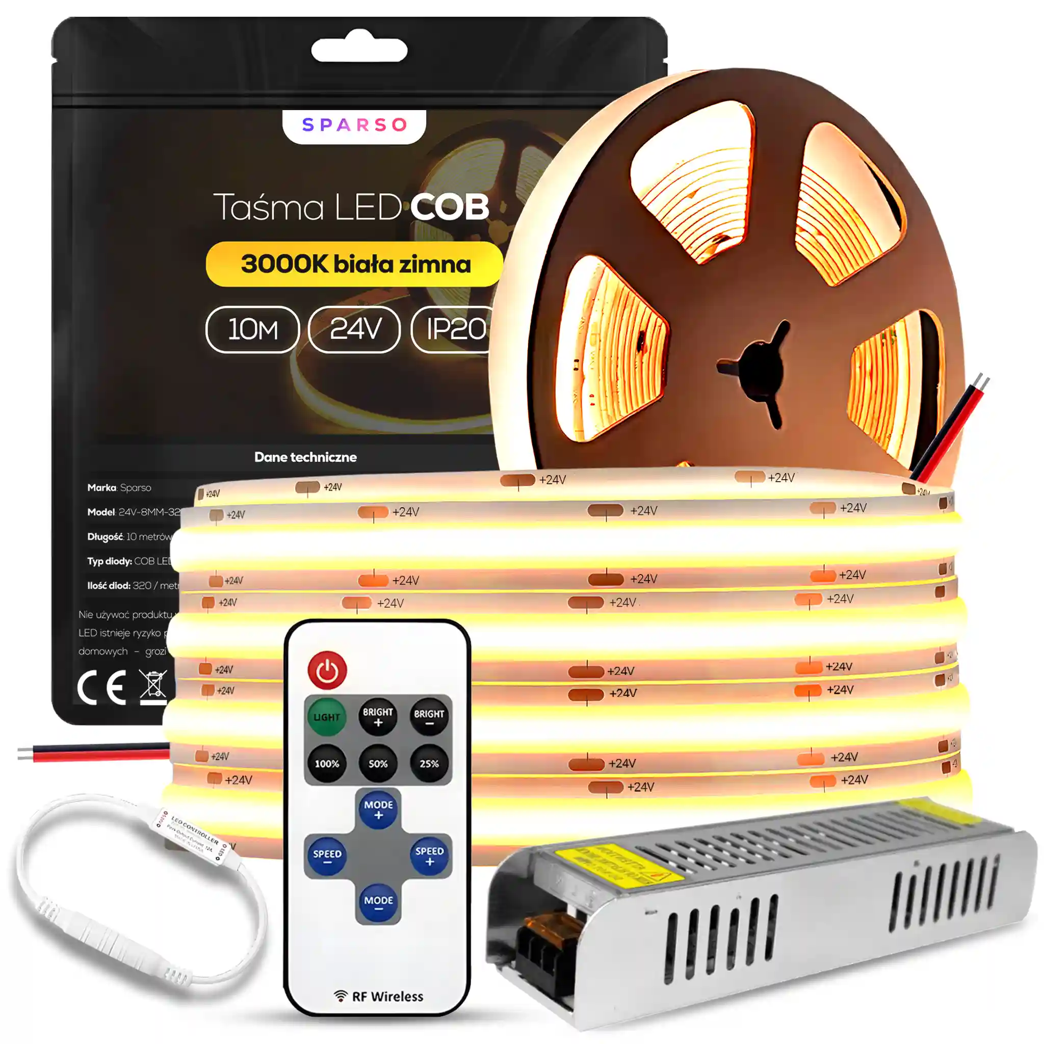 Sparso zestaw taśma LED COB 10m 24V 3000K ciepła biała LED Sparso do montażu