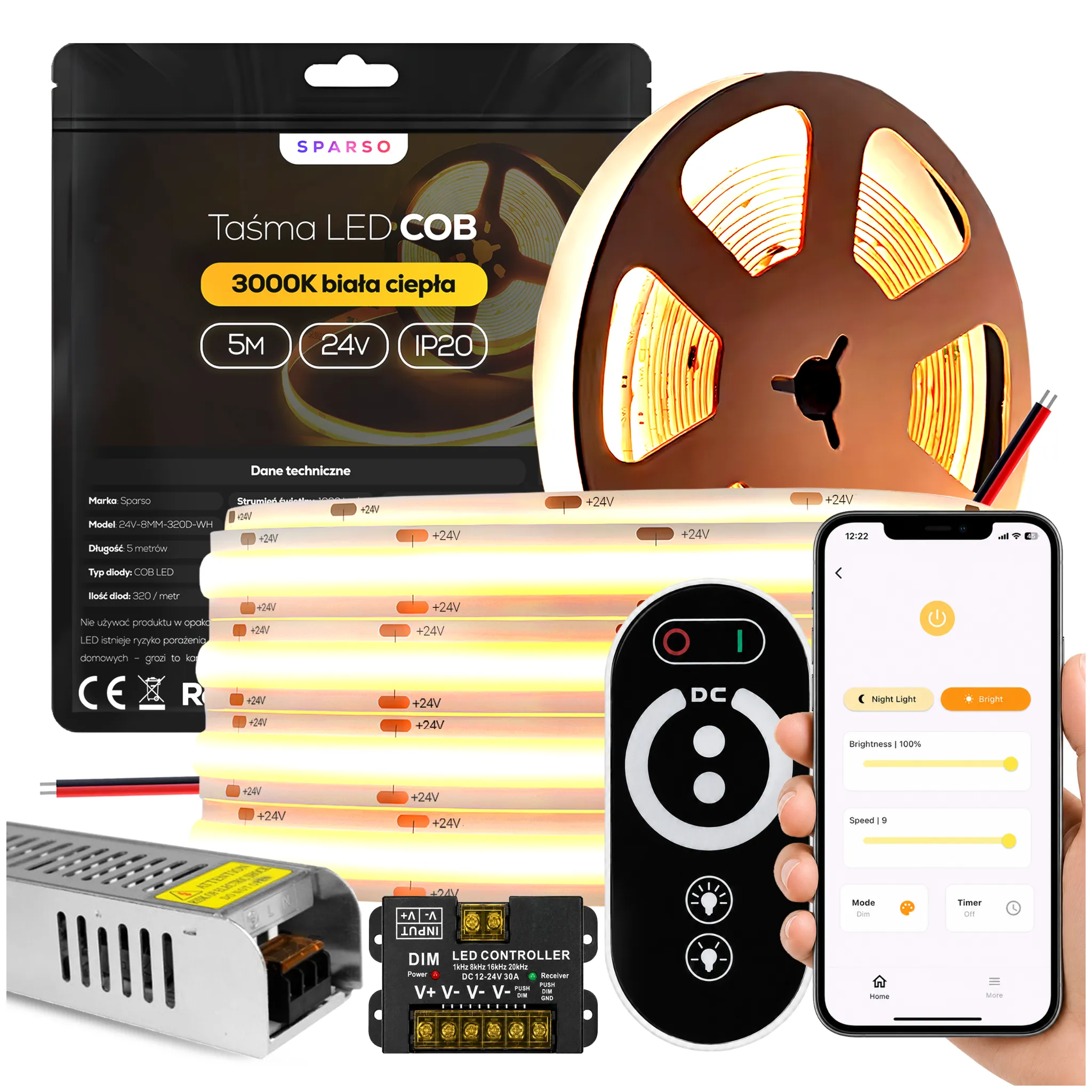 Sparso zestaw taśma LED COB 5m 24V 3000K ciepła biała LED Sparso do montażu
