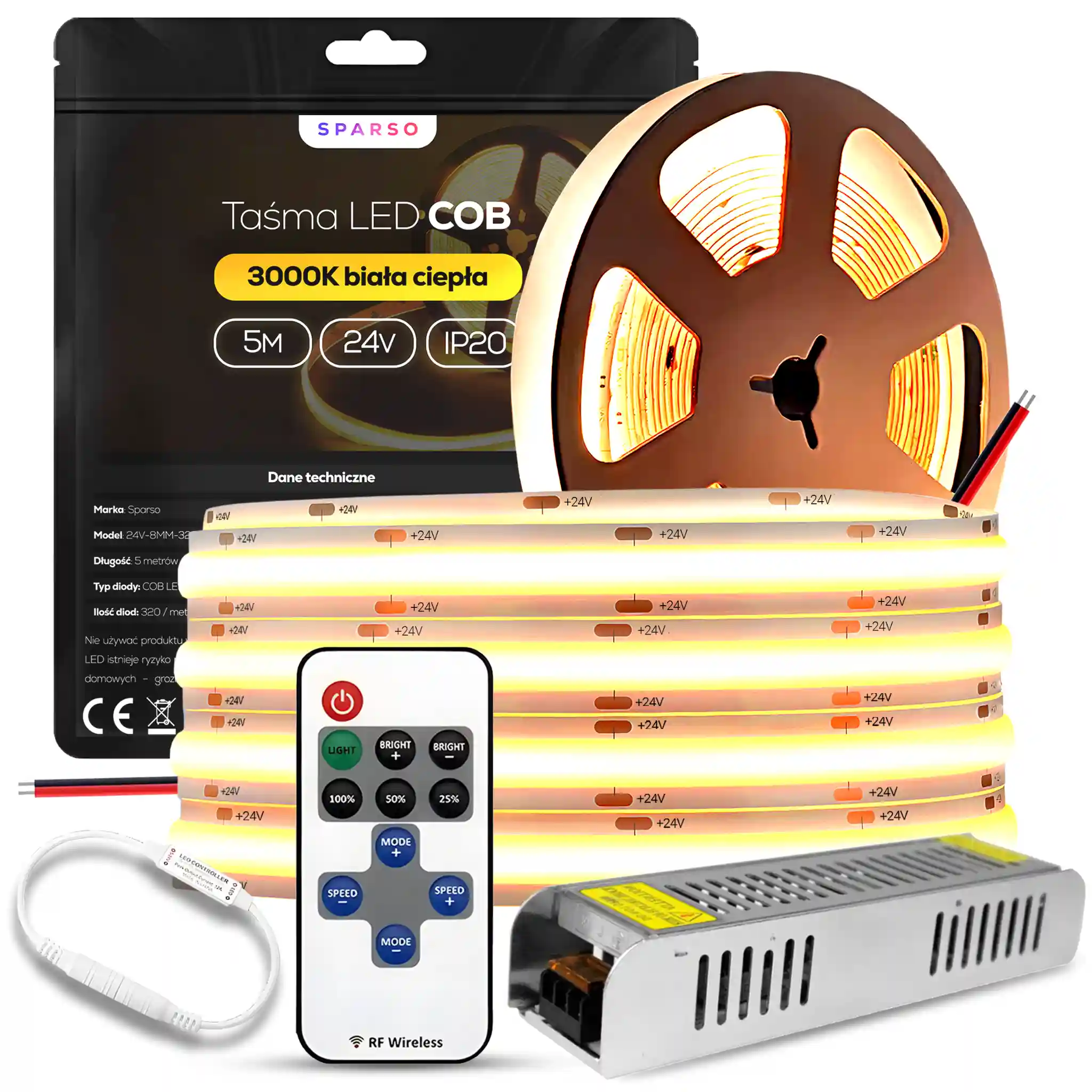 Sparso zestaw taśma LED COB 5m 24V 3000K ciepła biała LED Sparso do montażu