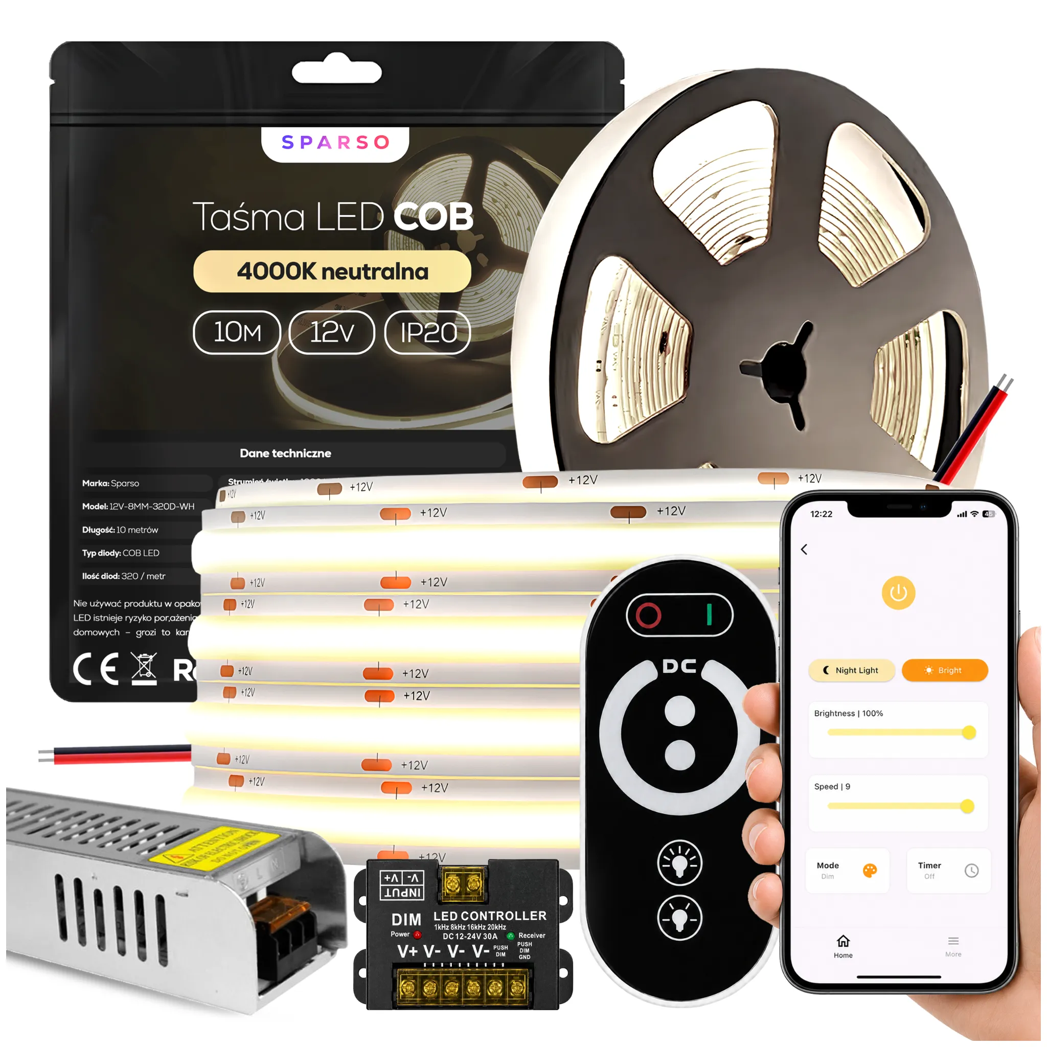 Sparso zestaw taśma LED COB 10m 12V 4000K neutralna biała LED Sparso do montażu