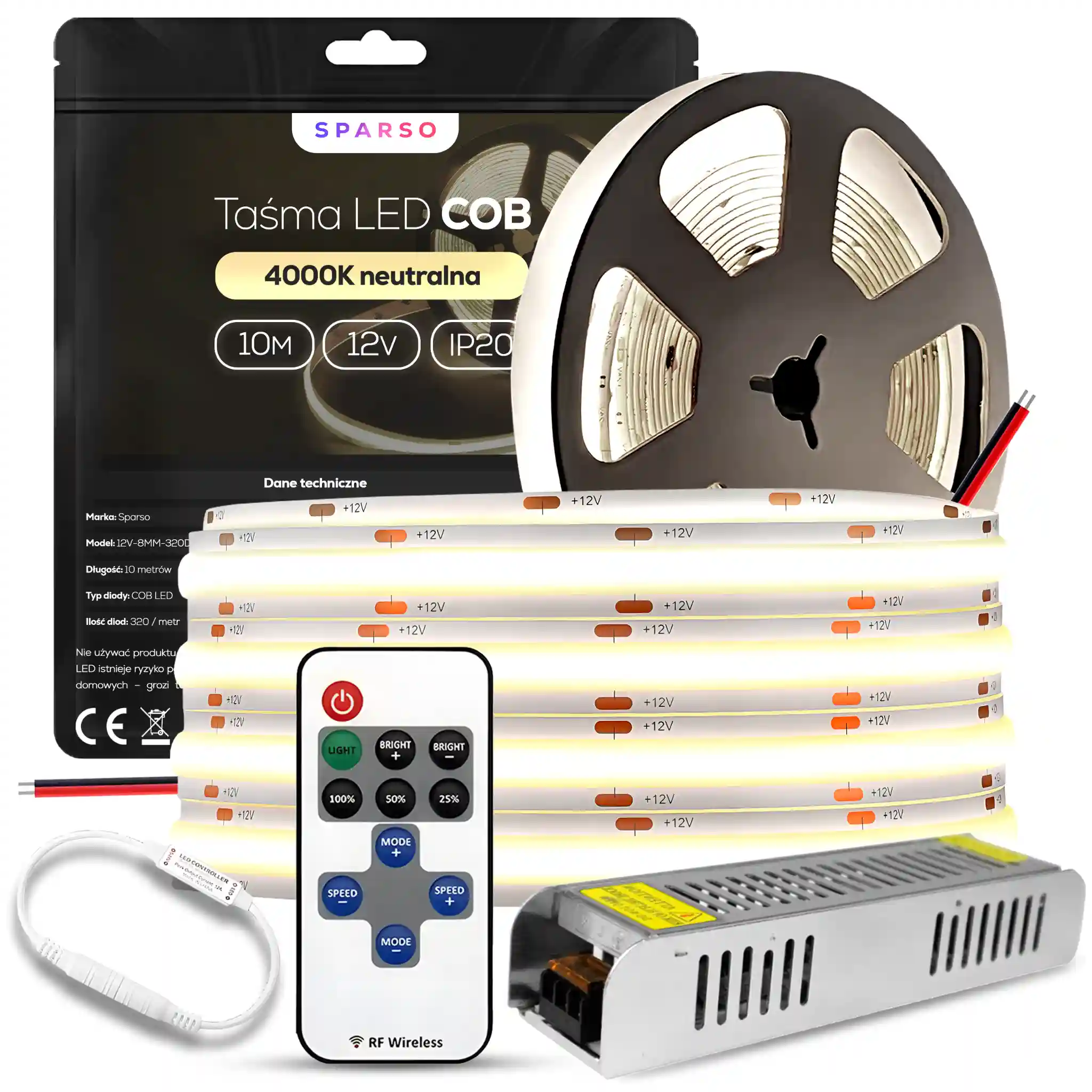 Sparso zestaw taśma LED COB 10m 12V 4000K neutralna biała LED Sparso do montażu