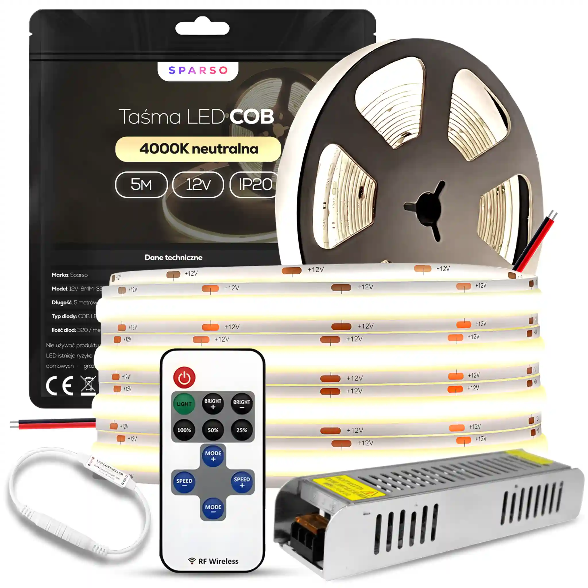 Sparso zestaw taśma LED COB 5m 12V 4000K neutralna biała LED Sparso do montażu