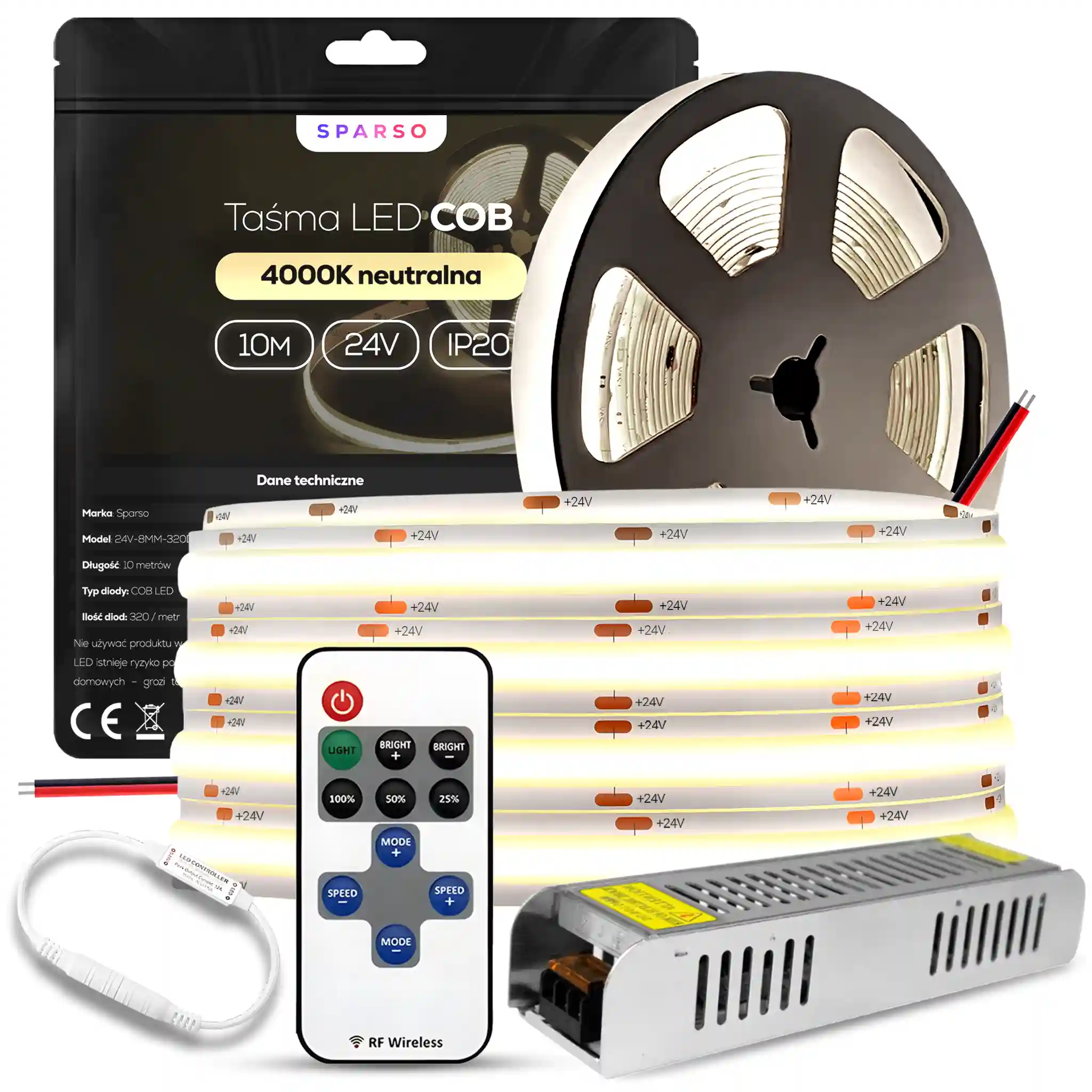 Sparso zestaw taśma LED COB 10m 24V 4000K neutralna biała LED Sparso do montażu