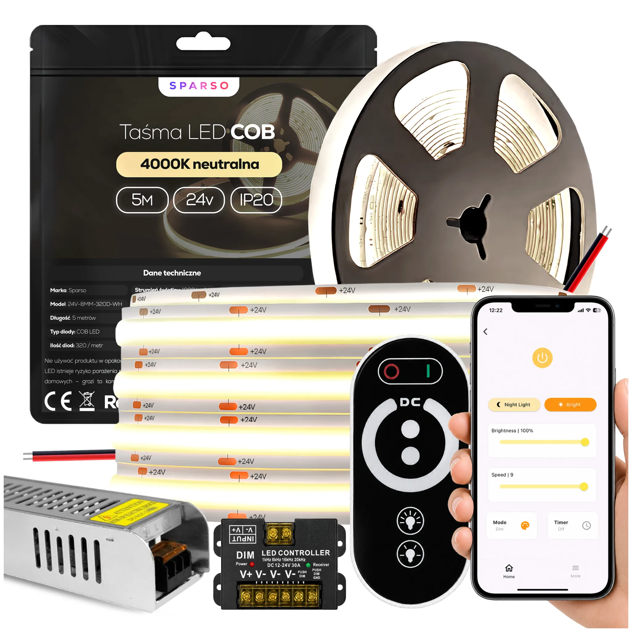 Sparso zestaw taśma LED COB 5m 24V 4000K neutralna biała LED Sparso do montażu