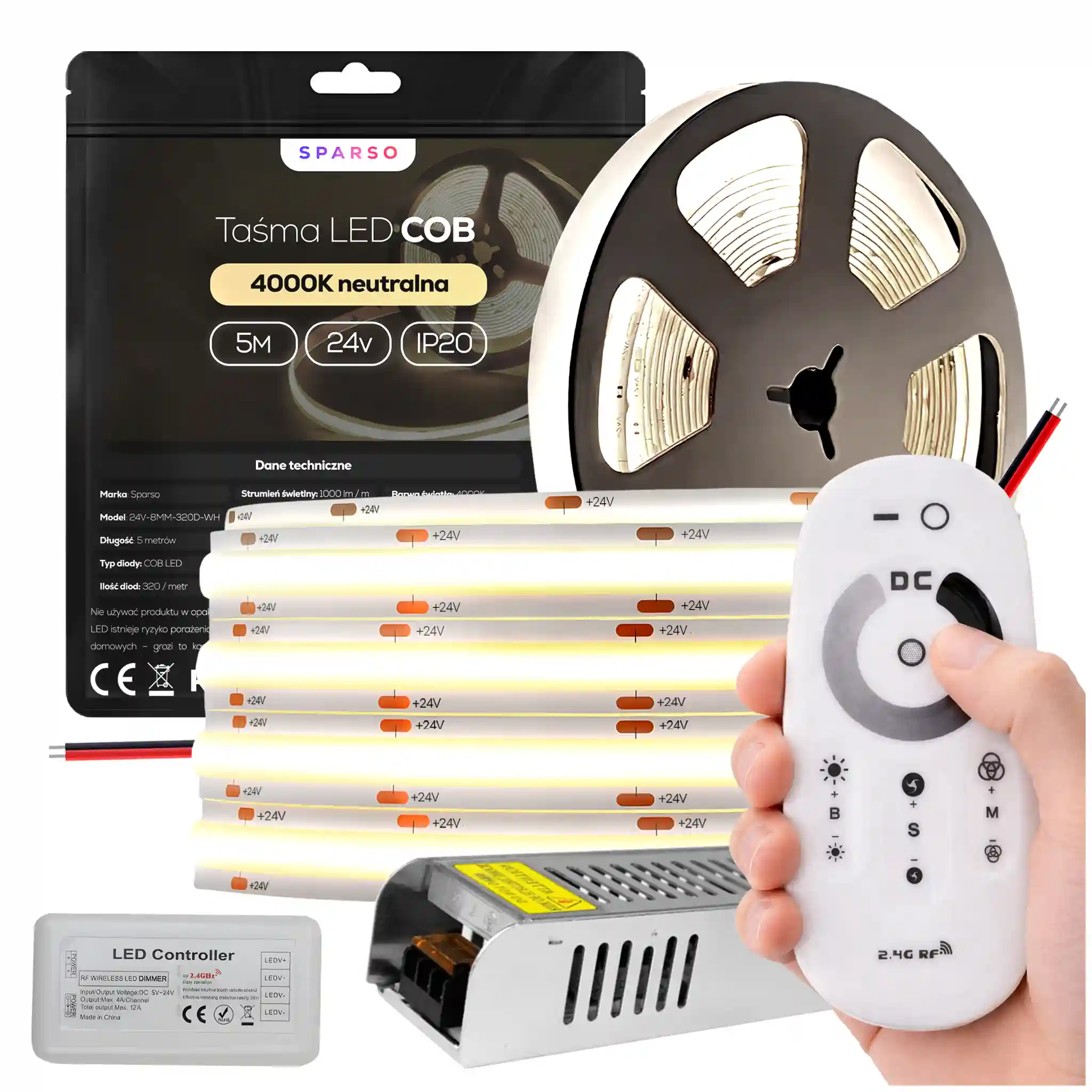 Sparso zestaw taśma LED COB 5m 24V 4000K neutralna biała LED Sparso do montażu
