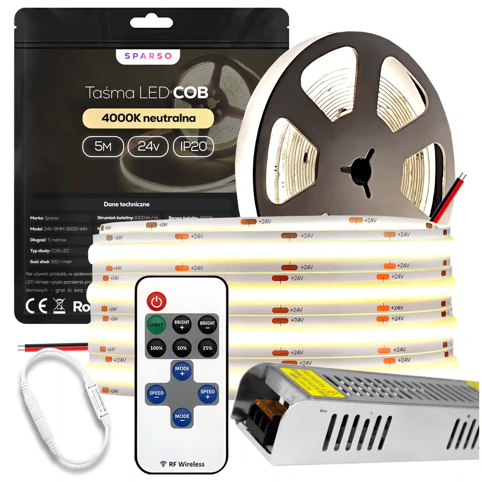 Sparso zestaw taśma LED COB 5m 24V 4000K neutralna biała LED Sparso do montażu