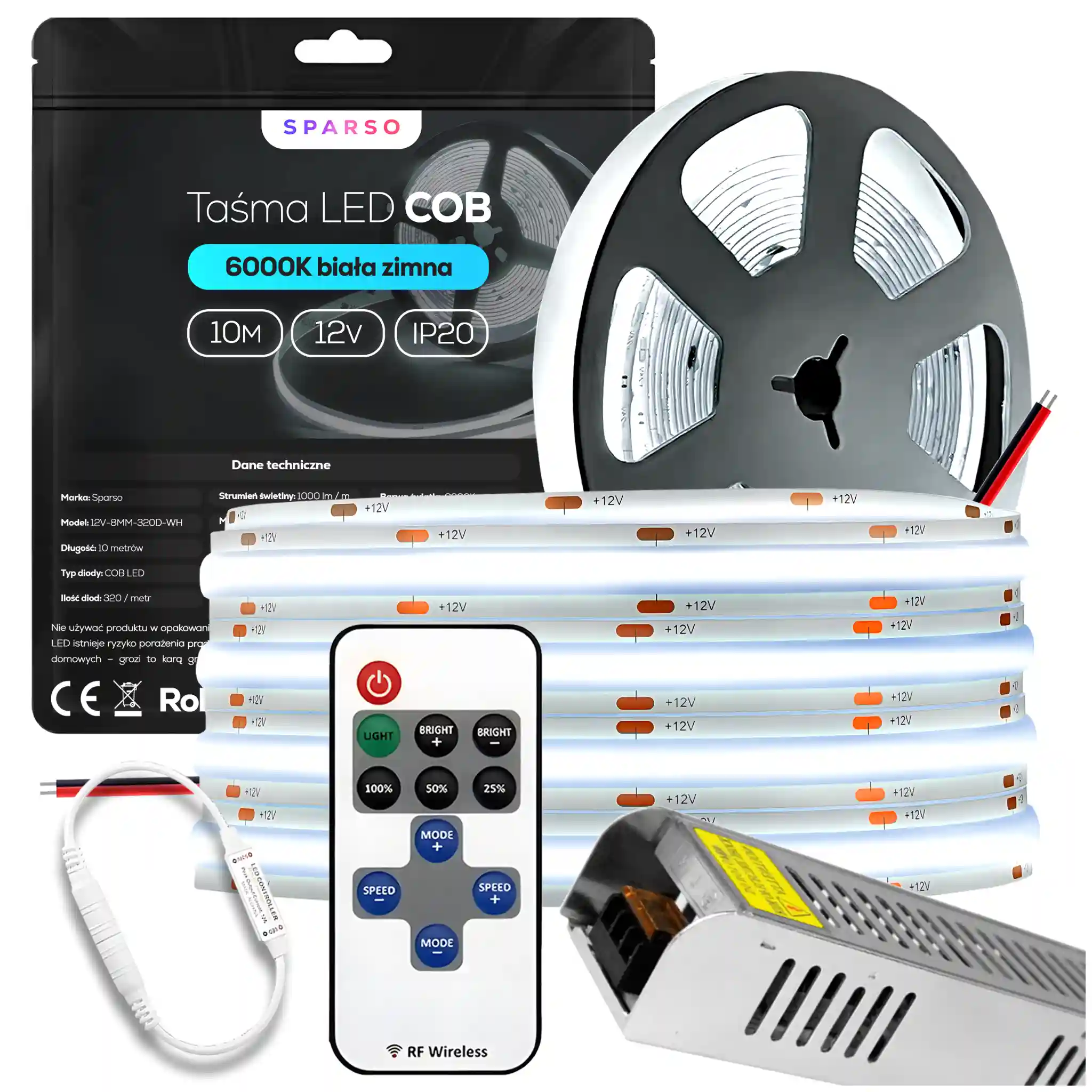 Sparso zestaw taśma LED COB 10m 12V 6000K zimna biała LED Sparso do montażu