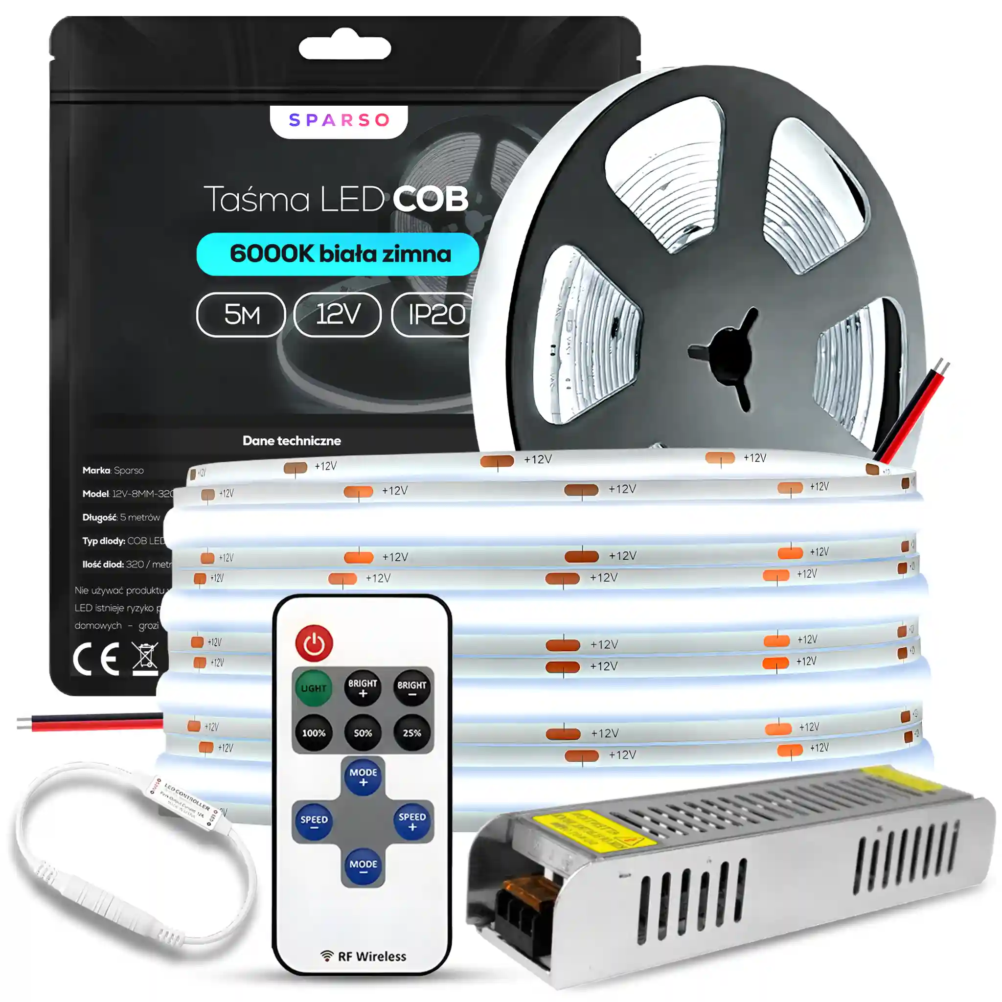 Sparso zestaw taśma LED COB 5m 12V 6000K zimna biała LED Sparso do montażu