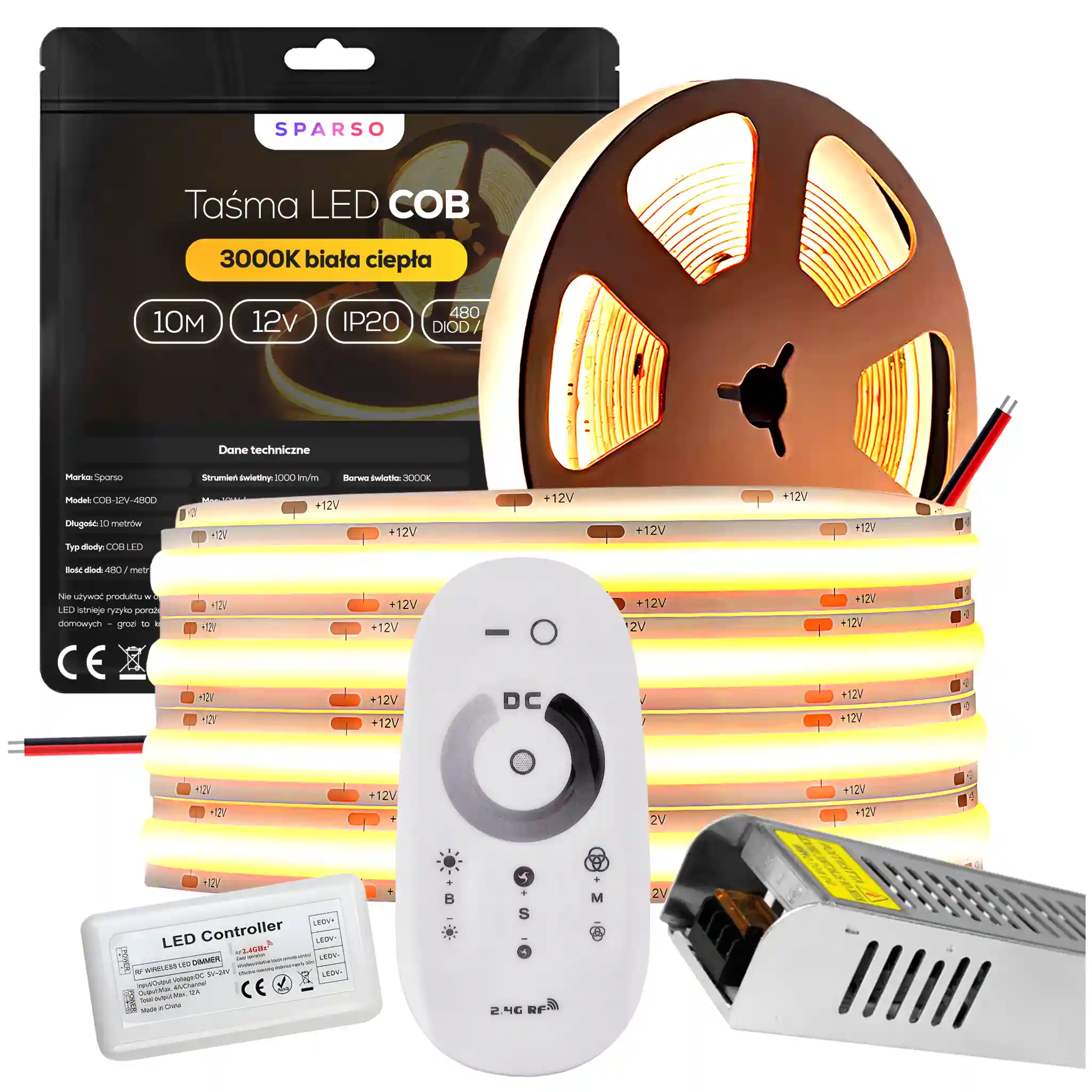 Sparso zestaw taśma LED COB 10m 12V 3000K ciepła biała LED Sparso do montażu