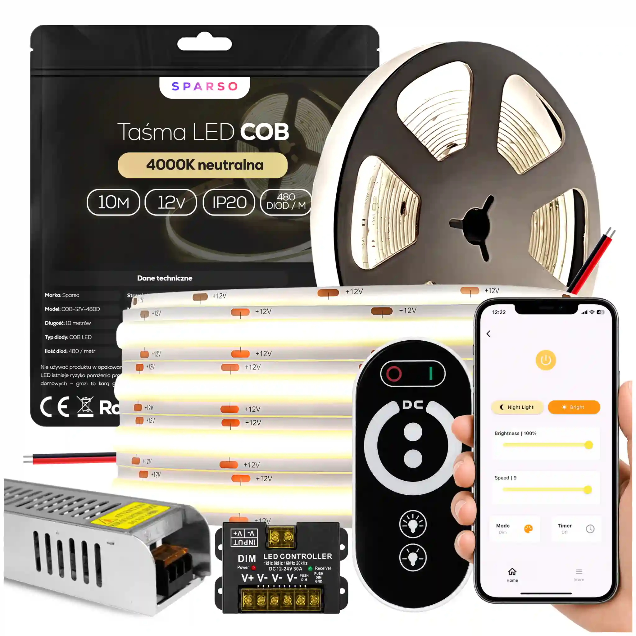 Sparso zestaw taśma LED COB 10m 12V 4000K neutralna biała LED Sparso do montażu