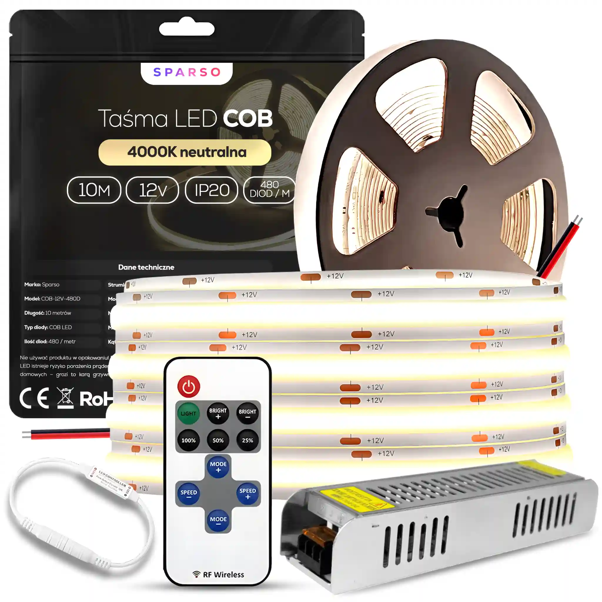 Sparso zestaw taśma LED COB 10m 12V 4000K neutralna biała LED Sparso do montażu