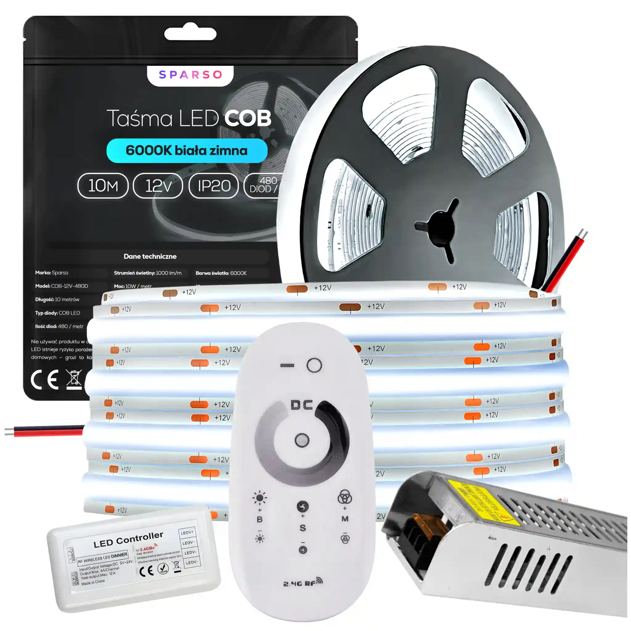 Sparso zestaw taśma LED COB 10m 12V 6000K zimna biała LED Sparso do montażu
