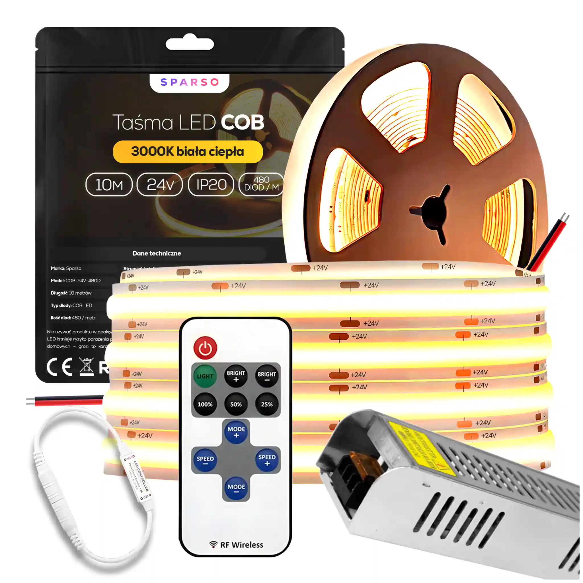 Sparso zestaw taśma LED COB 10m 24V 3000K ciepła biała LED Sparso do montażu