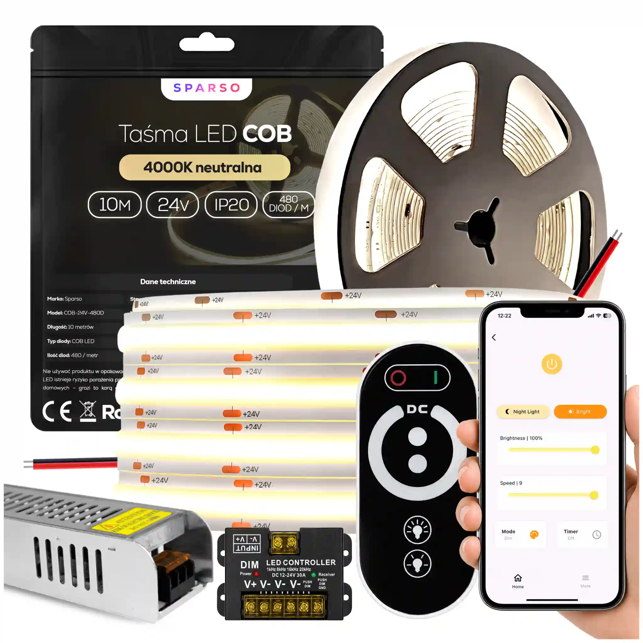 Sparso zestaw taśma LED COB 10m 24V 4000K neutralna biała LED Sparso do montażu
