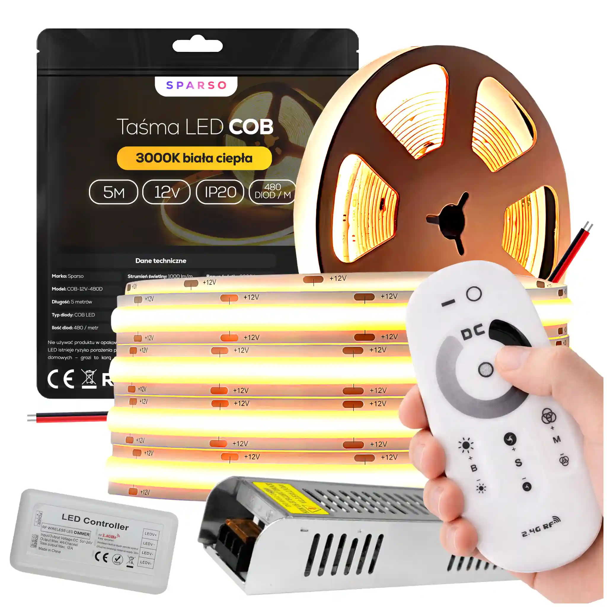 Sparso zestaw taśma LED COB 5m 12V 3000K ciepła biała LED Sparso do montażu