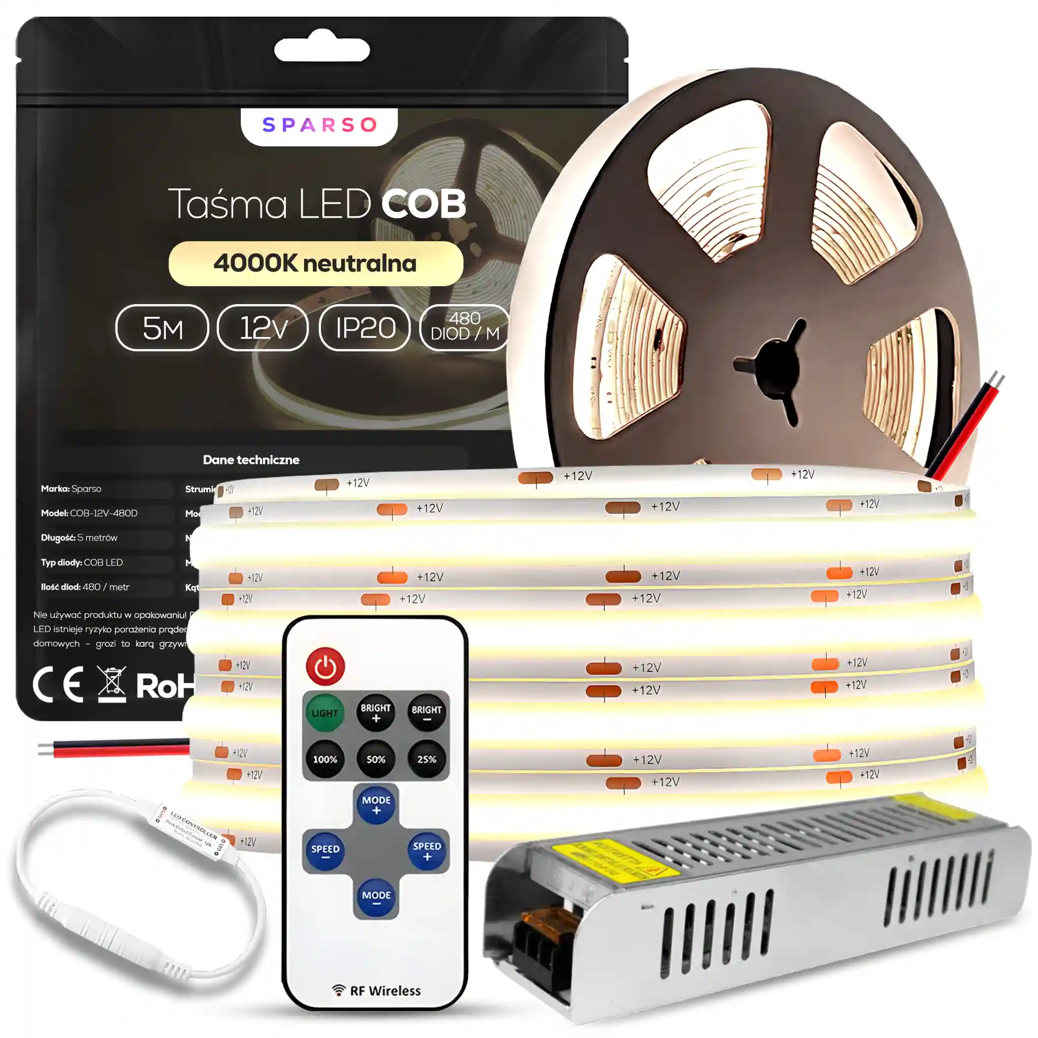 Sparso zestaw taśma LED COB 5m 12V 4000K neutralna biała LED Sparso do montażu