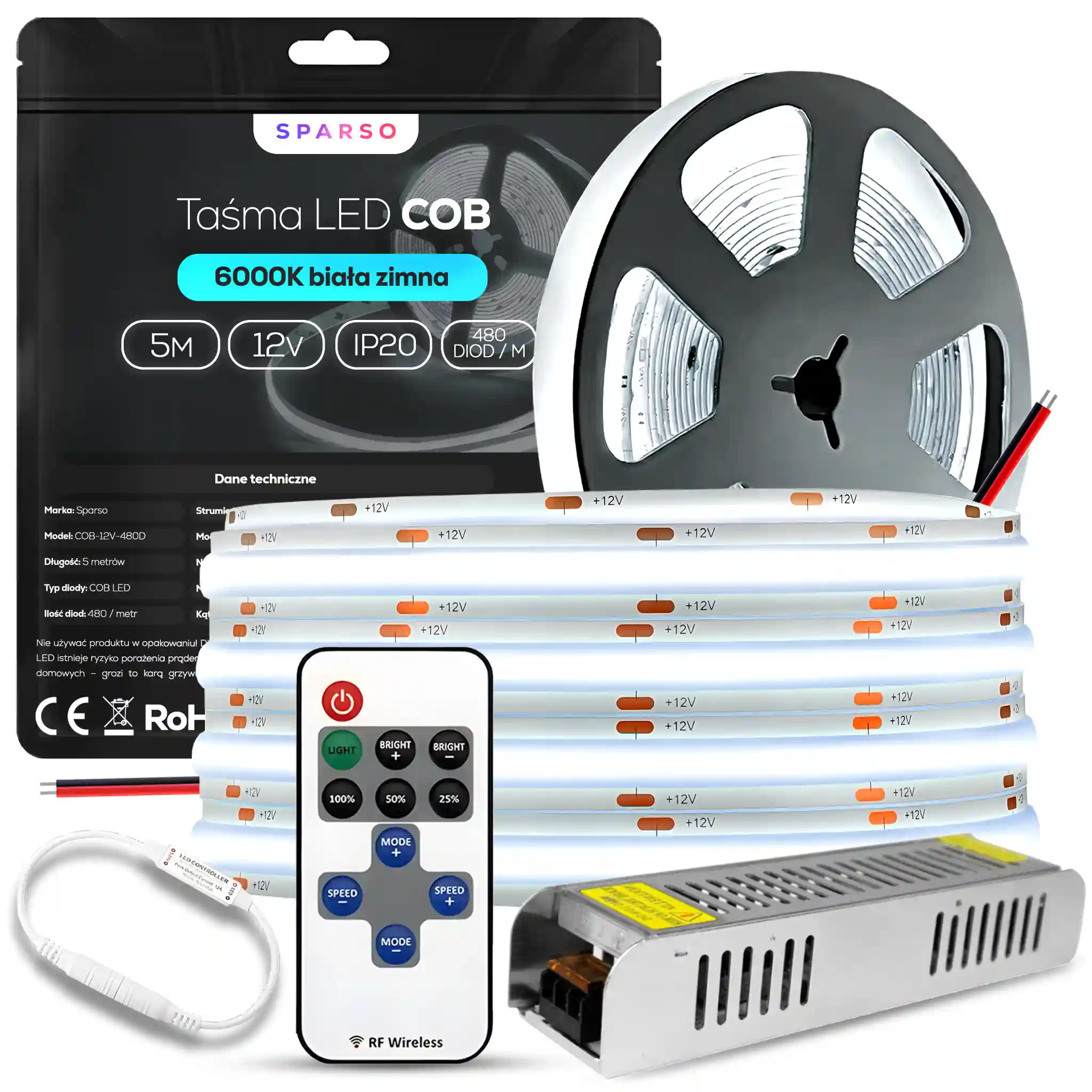 Sparso zestaw taśma LED COB 5m 12V 6000K zimna biała LED Sparso do montażu