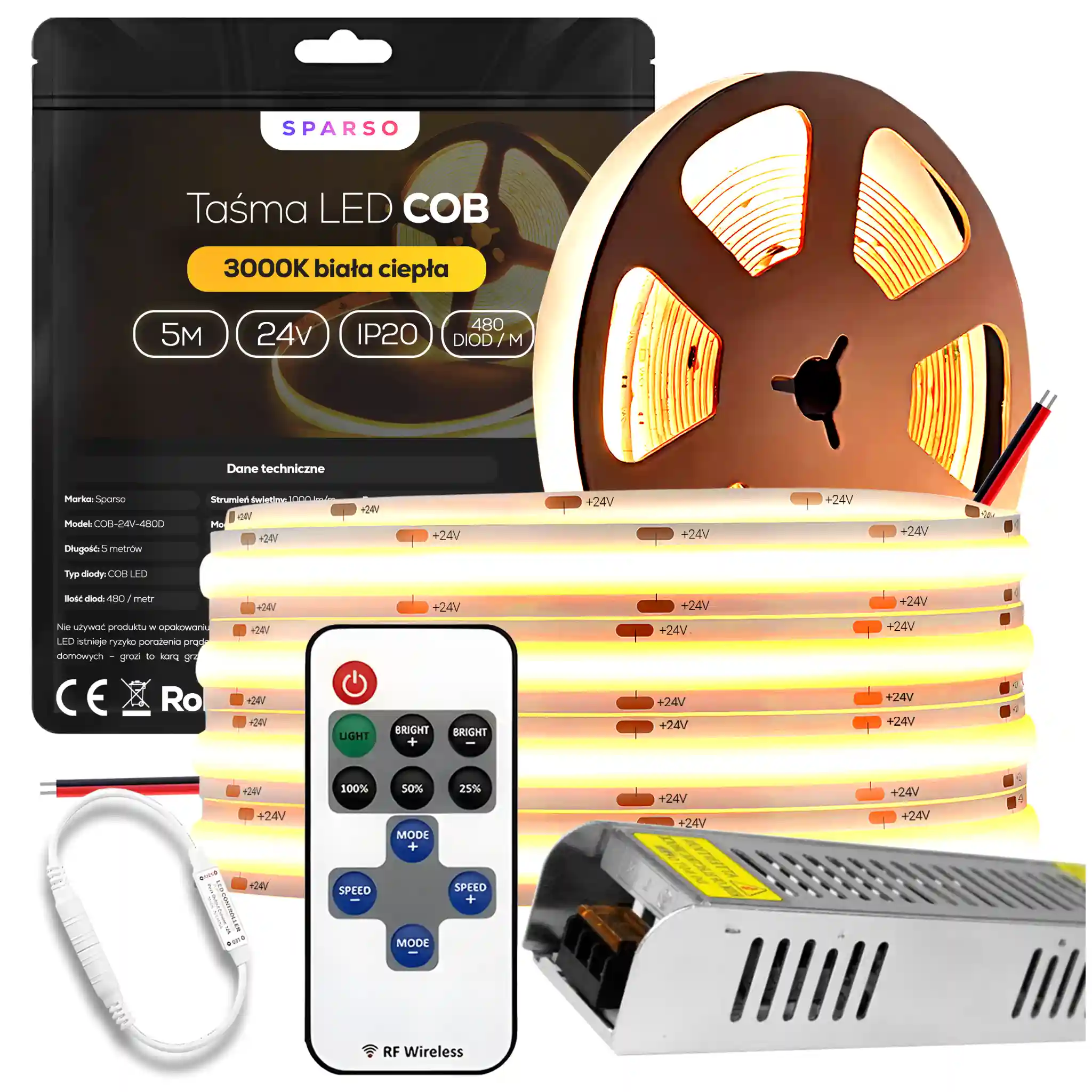 Sparso zestaw taśma LED COB 5m 24V 3000K ciepła biała LED Sparso do montażu