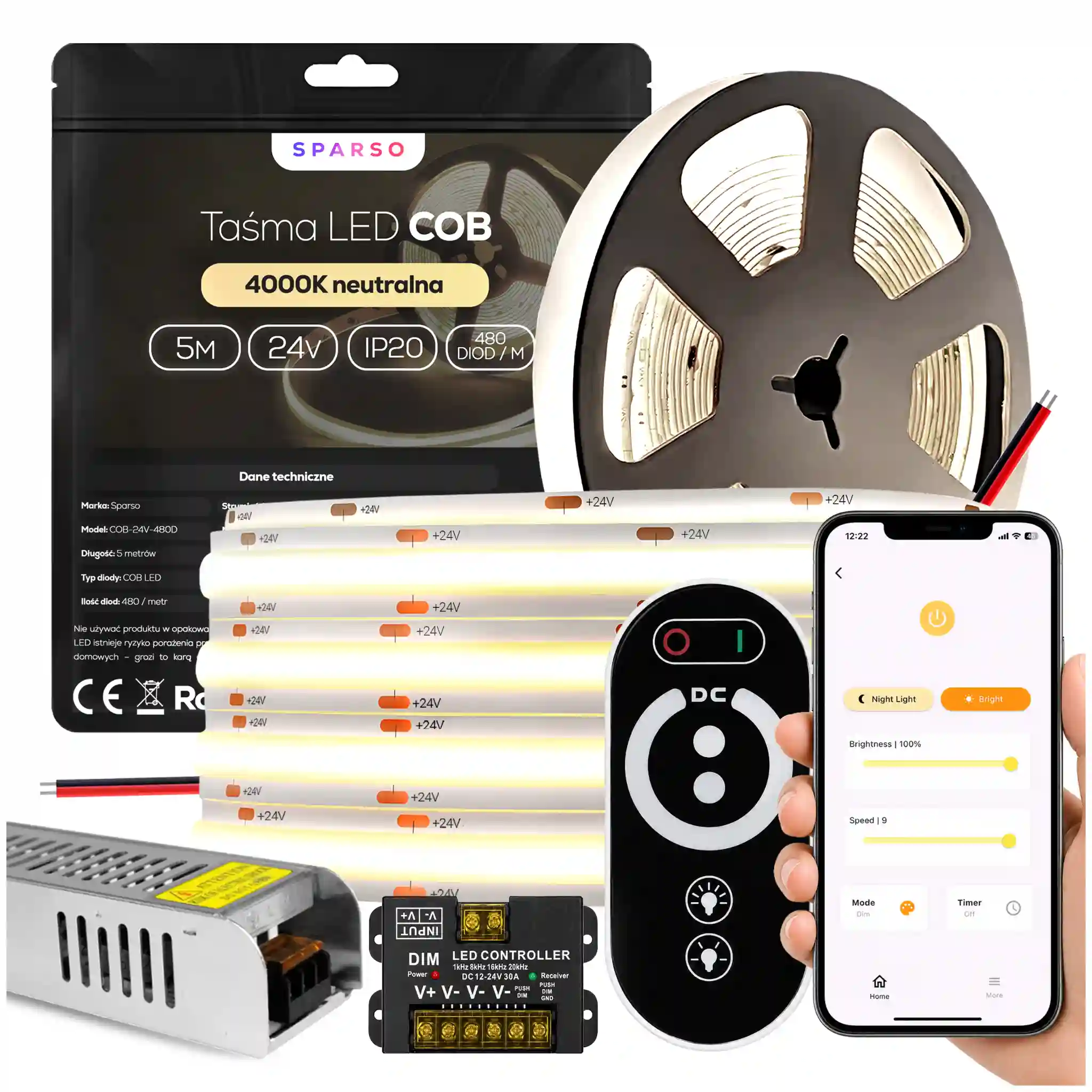 Sparso zestaw taśma LED COB 5m 24V 4000K neutralna biała LED Sparso do montażu