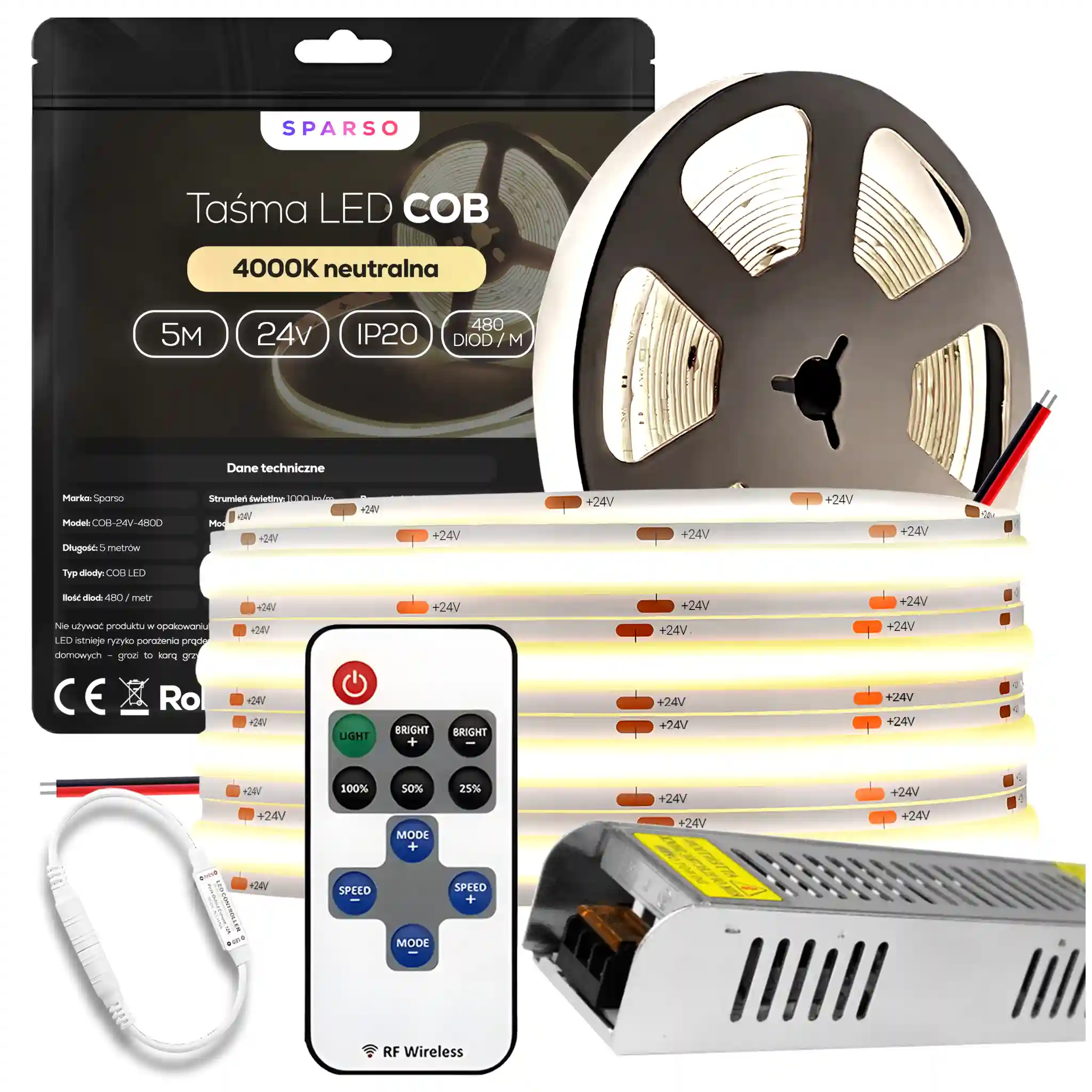 Sparso zestaw taśma LED COB 5m 24V 4000K neutralna biała LED Sparso do montażu