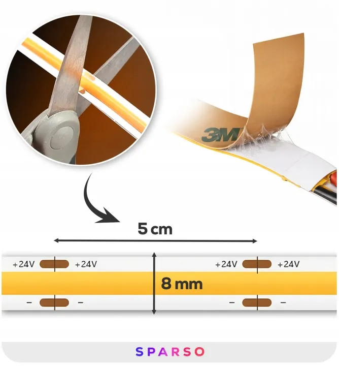 Sparso taśma LED COB 10m 24V 3000K ciepła biała 320 LED/m – Specyfikacja techniczna