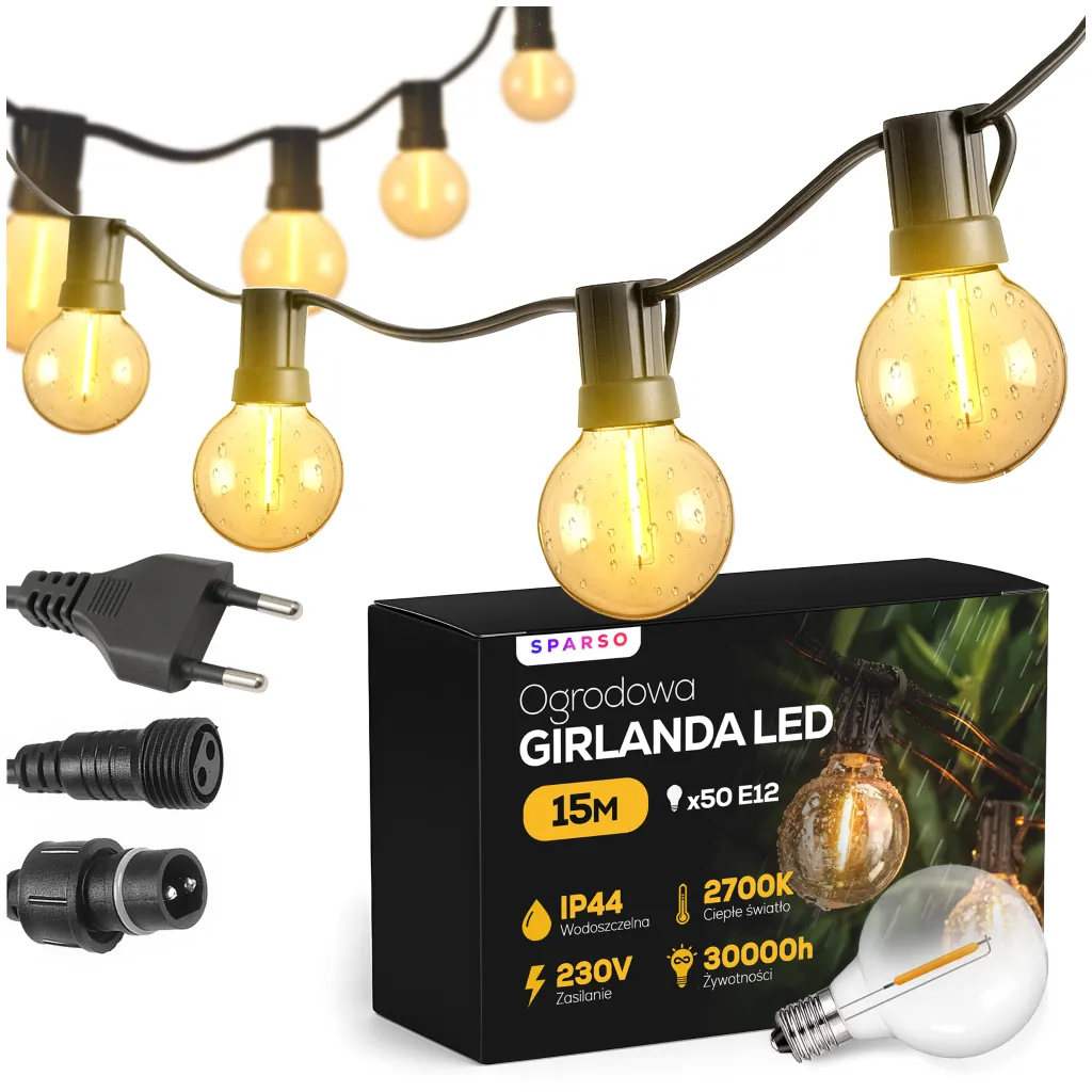 Sparso oświetlenie LED 15M wodoodporna GIRLANDA 15m 50 LED E12 Idealna dla Twojego ogrodu!