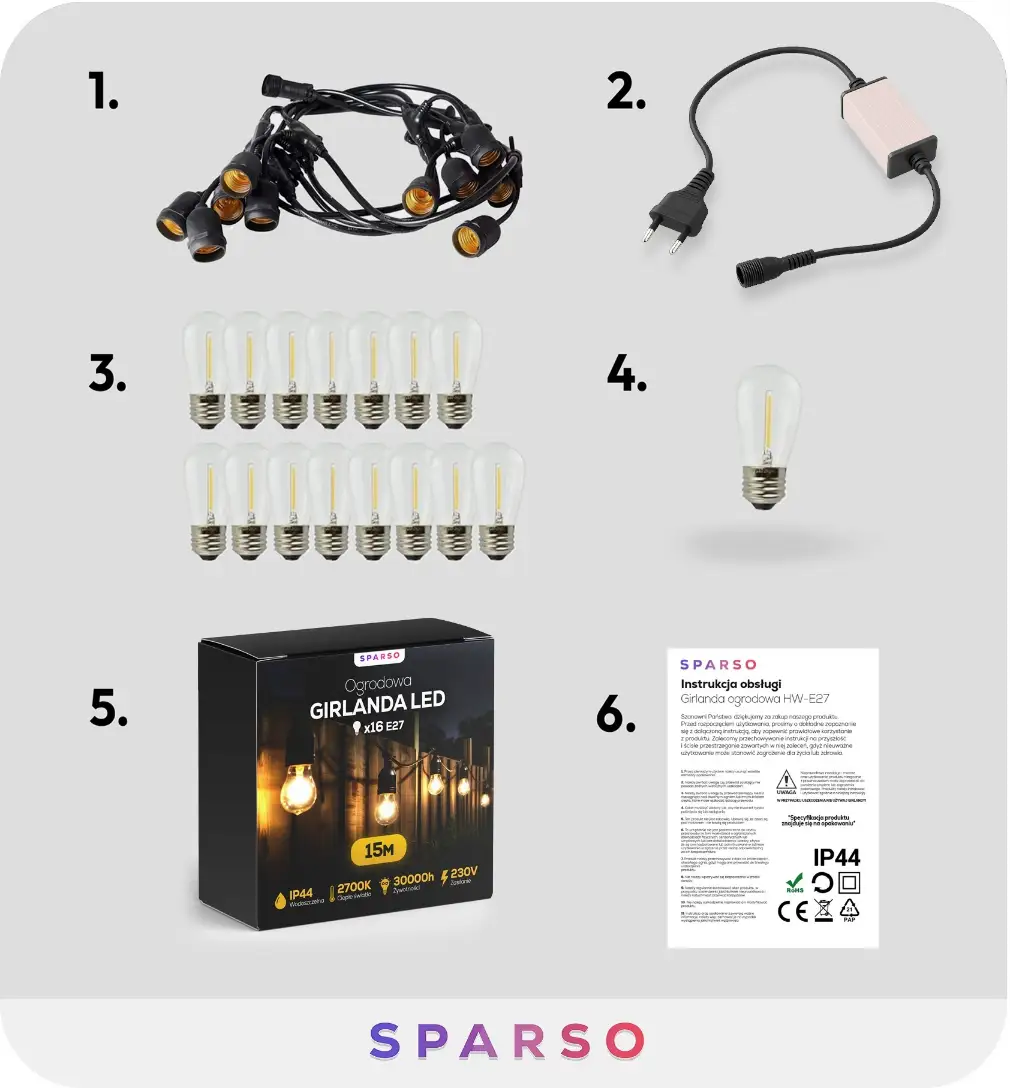 Sparso oświetlenie LED 15m zawartość zestawu