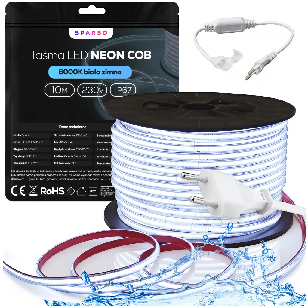 Sparso taśma LED COB 10m 230V 6000K IP67 zimna biała wodoodporna TAŚMA LED COB 230V Sparso - Barwa zimna biała 6000K
