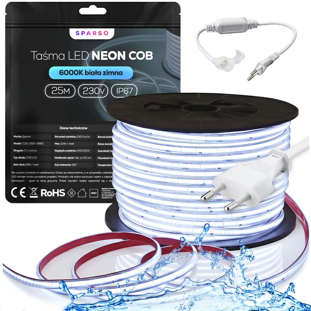 Sparso taśma LED COB 25m 230V 6000K IP67 zimna biała wodoodporna TAŚMA LED COB 230V Sparso - Barwa zimna biała 6000K