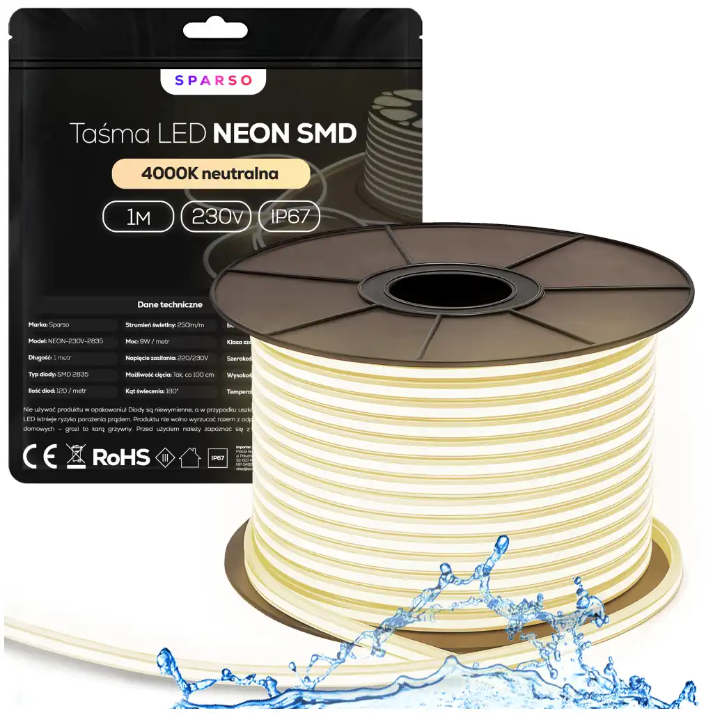 Sparso taśma LED Neon 1m 230V 4000K IP67 neutralna biała wodoodporna TAŚMA LED Neon 230V Sparso