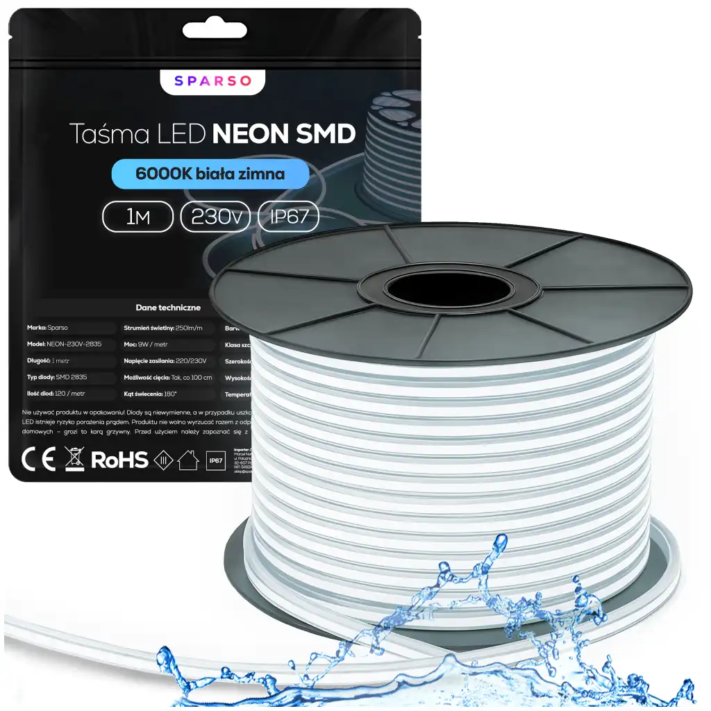 Sparso taśma LED Neon 1m 230V 6000K IP67 zimna biała wodoodporna TAŚMA LED Neon 230V Sparso