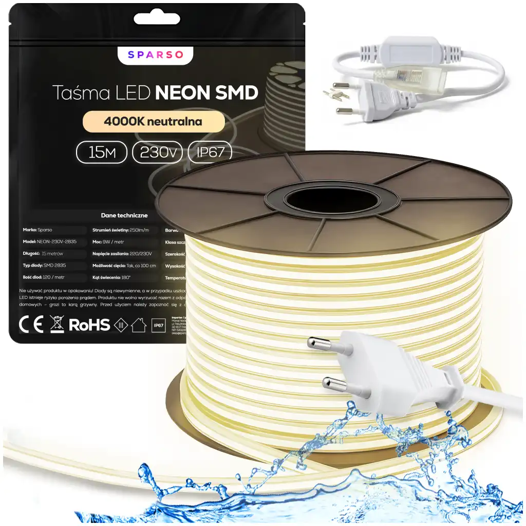 Sparso taśma LED Neon 15m 230V 4000K IP67 neutralna biała wodoodporna TAŚMA LED Neon 230V Sparso