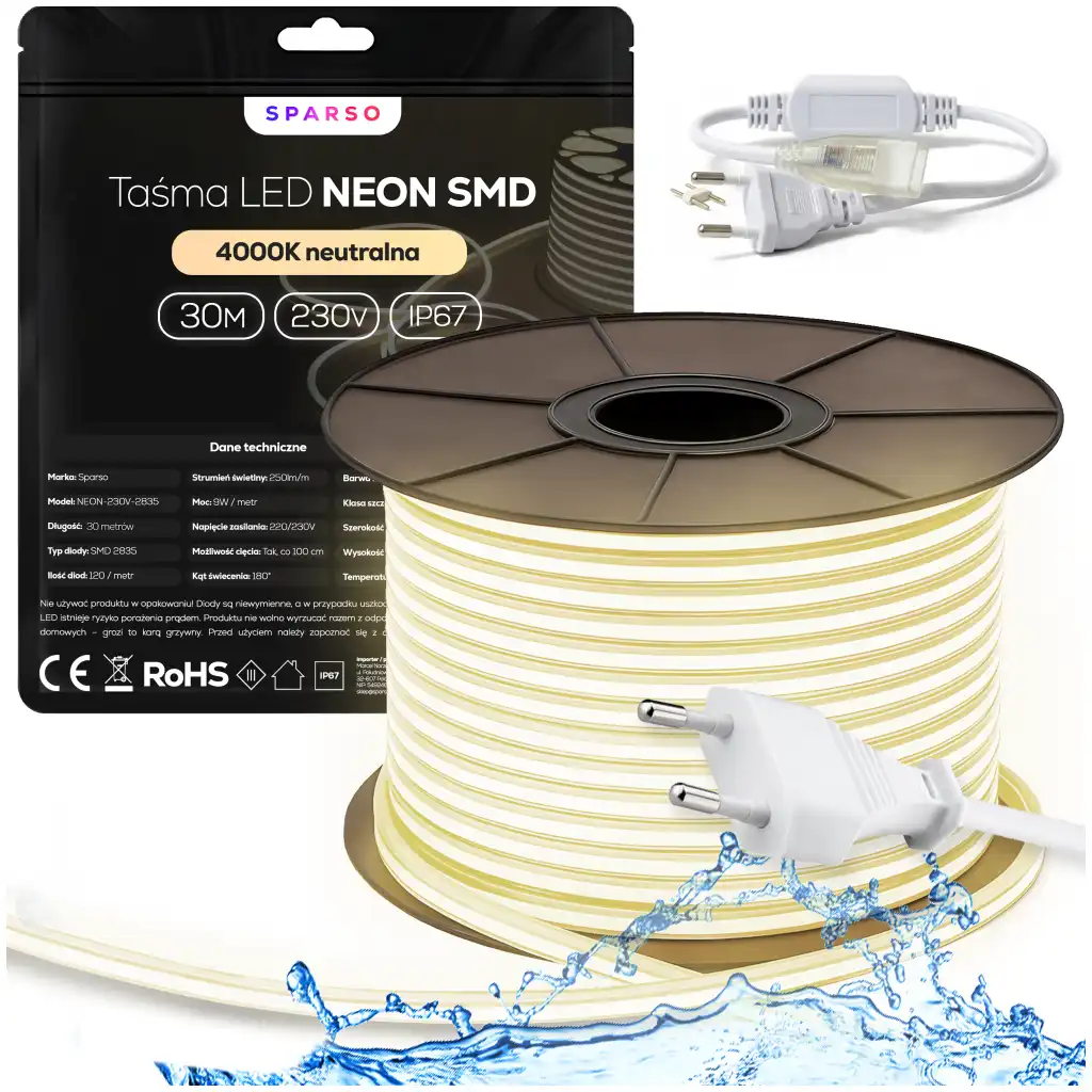 Sparso taśma LED Neon 30m 230V 4000K IP67 neutralna biała wodoodporna TAŚMA LED Neon 230V Sparso