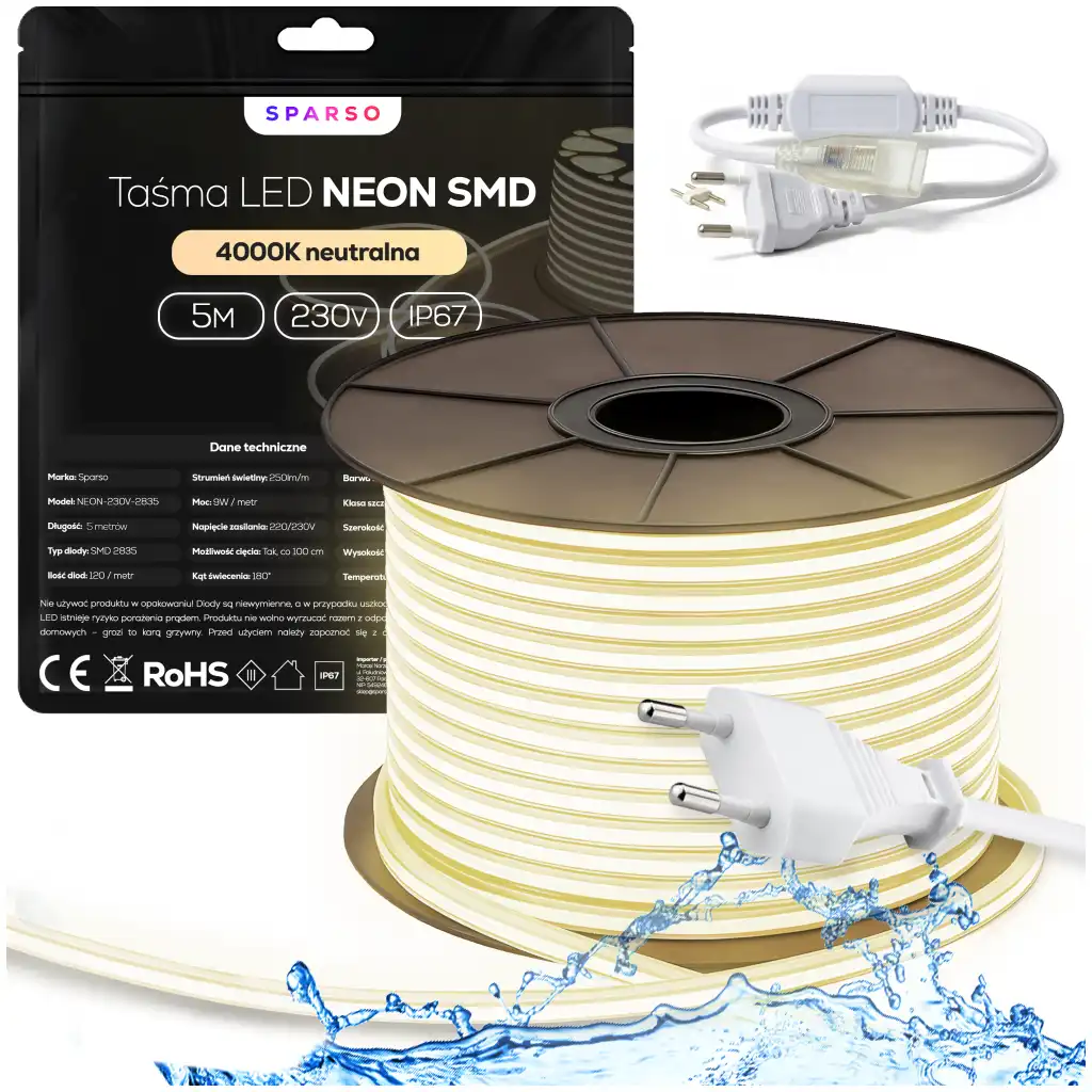 Sparso taśma LED Neon 5m 230V 4000K IP67 neutralna biała wodoodporna TAŚMA LED Neon 230V Sparso