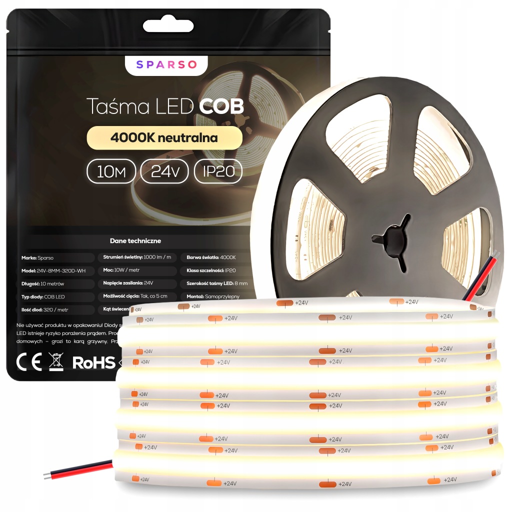 Taśma LED COB NEON 10m 24V 320 LED/m 4000K neutralna bezpunktowa